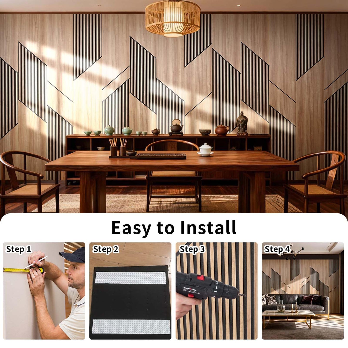 SSHENGYA 8-Pack Teak Wood Grain 3D Wall Panels with Adhesive, Peel and Stick PVC Wall Tiles for Accent Wall, Covers 82.15 Sq Ft for Luxury Living Room & Bedroom Decor