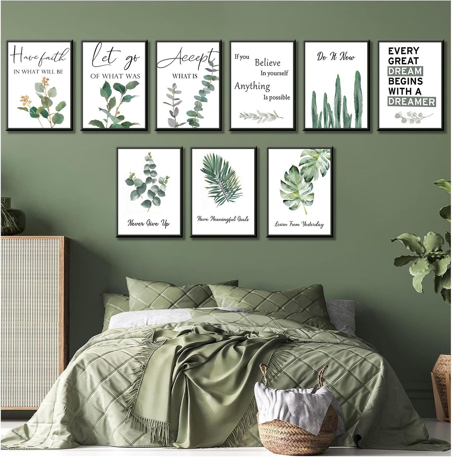 9pcs Inspirational Wall Art Motivational Quotes Wall Decor for Office Inspirational Eucalyptus Leaves Sage Poster Never Give Up Canvas Prints Painting Picture for ClassroomBedroom 8x10in Unframed