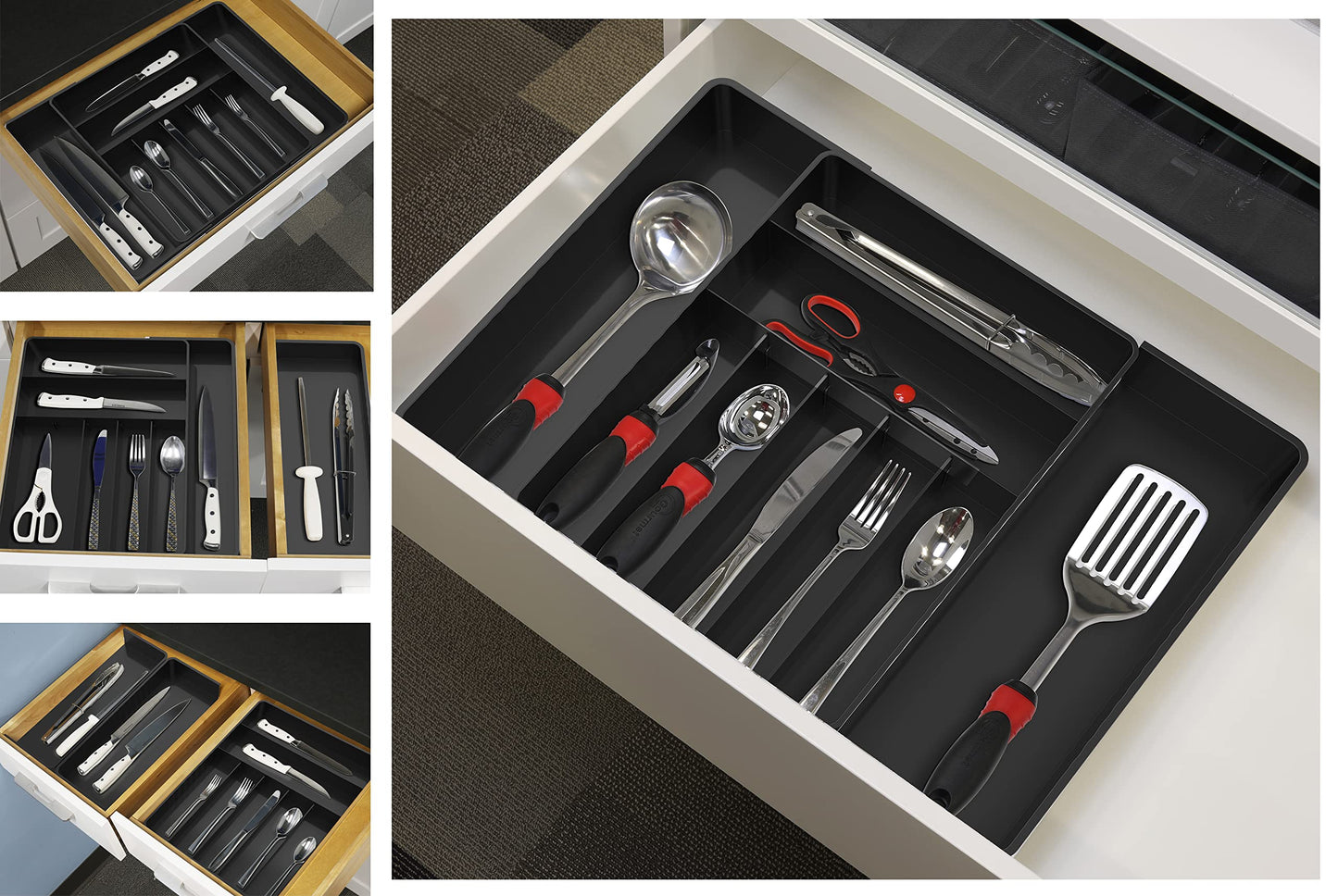 Simple Houseware Expandable Kitchen Drawer Flatware Organizer, Black – Adjustable Cutlery Tray with 9 Compartments for Utensils and Silverware