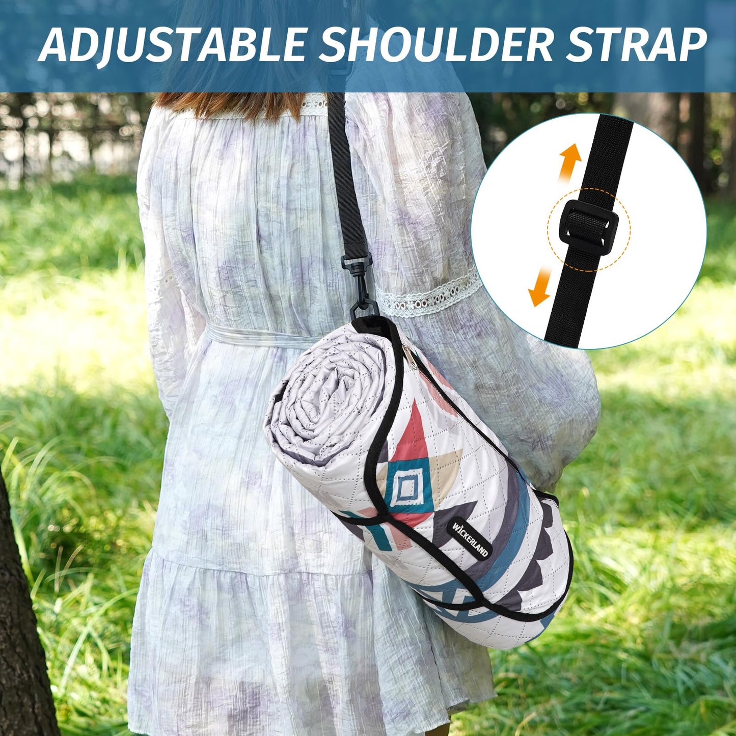 WICKERLAND Picnic Blankets Extra Large - Beach Blanket Waterproof Sandproof with Shoulder Strap, Machine Washable, Outdoor Blanket with Stakes for Grass Concert, Park, Lawn,Travel,Spring Summer. Navy