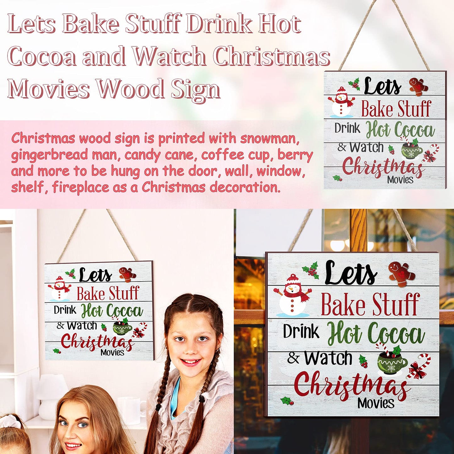Blulu Christmas Hanging Wooden Sign Christmas Coffee Bar Decor Wood Candy Cane Hot Cocoa Sign Door Hanging Plaque for Xmas Winter Holiday Kitchen Home Wall Decoration(Classic)