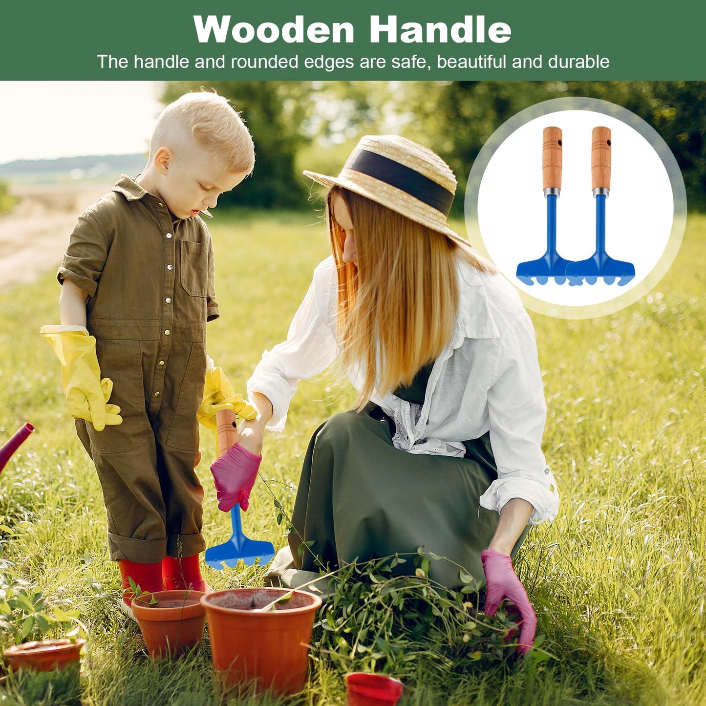 16 Pcs Gardening Tools Metal Garden Beach Sandbox Digging Including Shovel, Rake, Fork and Trowel, Garden Beach Sand Tools with Wooden Handle Hoe for Gift Outdoor Gardening