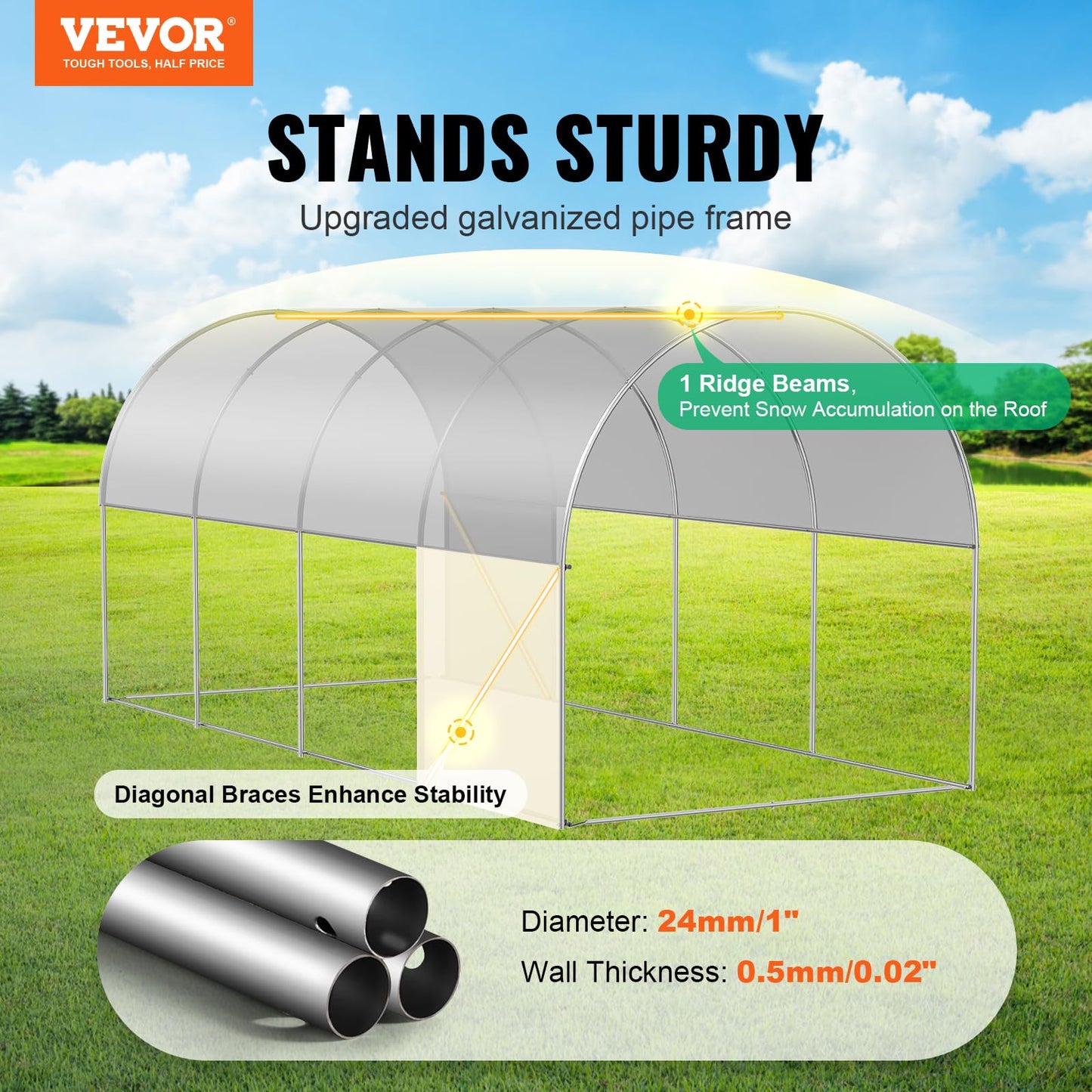 VEVOR Walk-in Tunnel Greenhouse, 14.6x6.4x6.3 ft Hoop House Greenhouse Tunnel, Plant Hot House with Galvanized Steel Frame, White PE Cover, Roll-up Zipper Door and 8 Windows for Outdoor