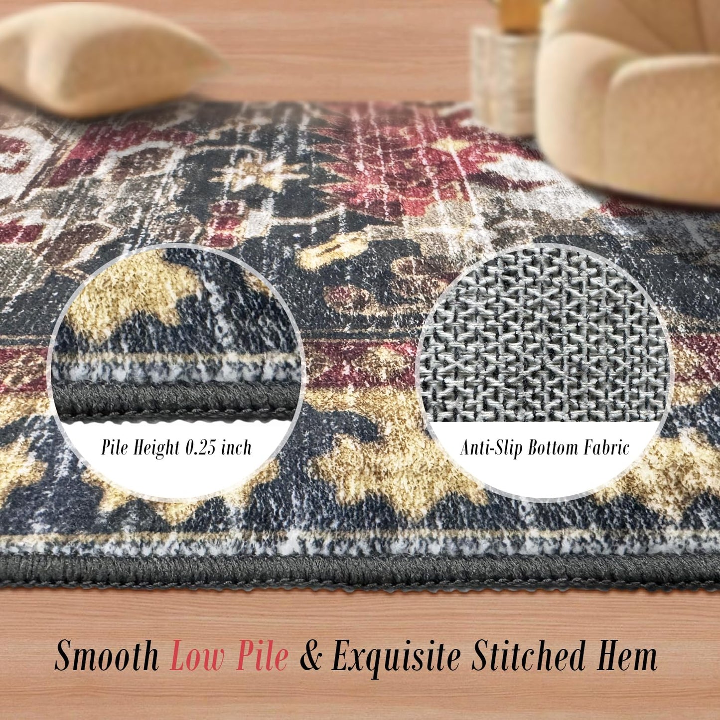 RUGSURE Washable Area Rugs - Perfect for Living Room, Bedroom, Kids Room, Nursery - Stain & Water Resistant Non-Slip, Pet & Child Friendly, Vintage Tribal Area Rugs (Rust, 3' x 5 ')