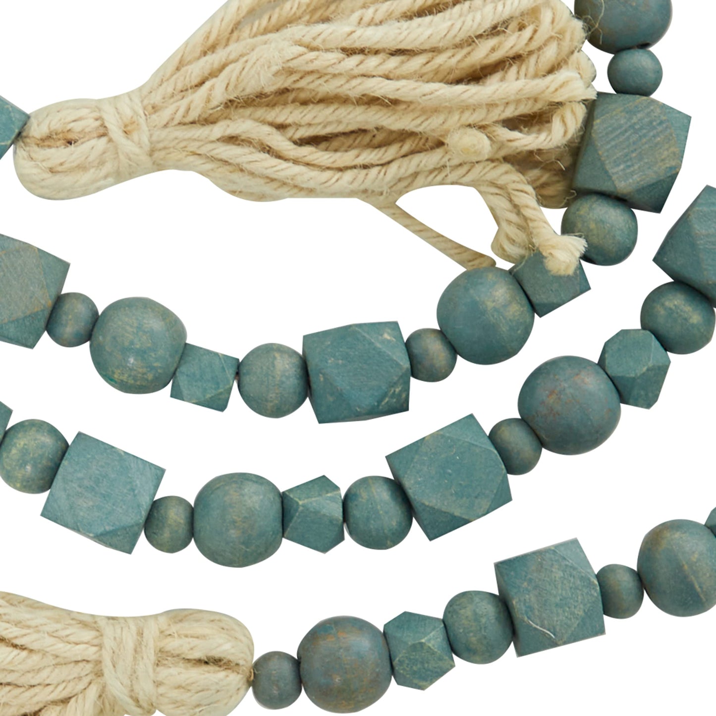 Deco 79 Mango Wood Handmade Hexagon Carved Geometric Long Beaded Garland with Tassel, 80" x 1" x 1", Blue