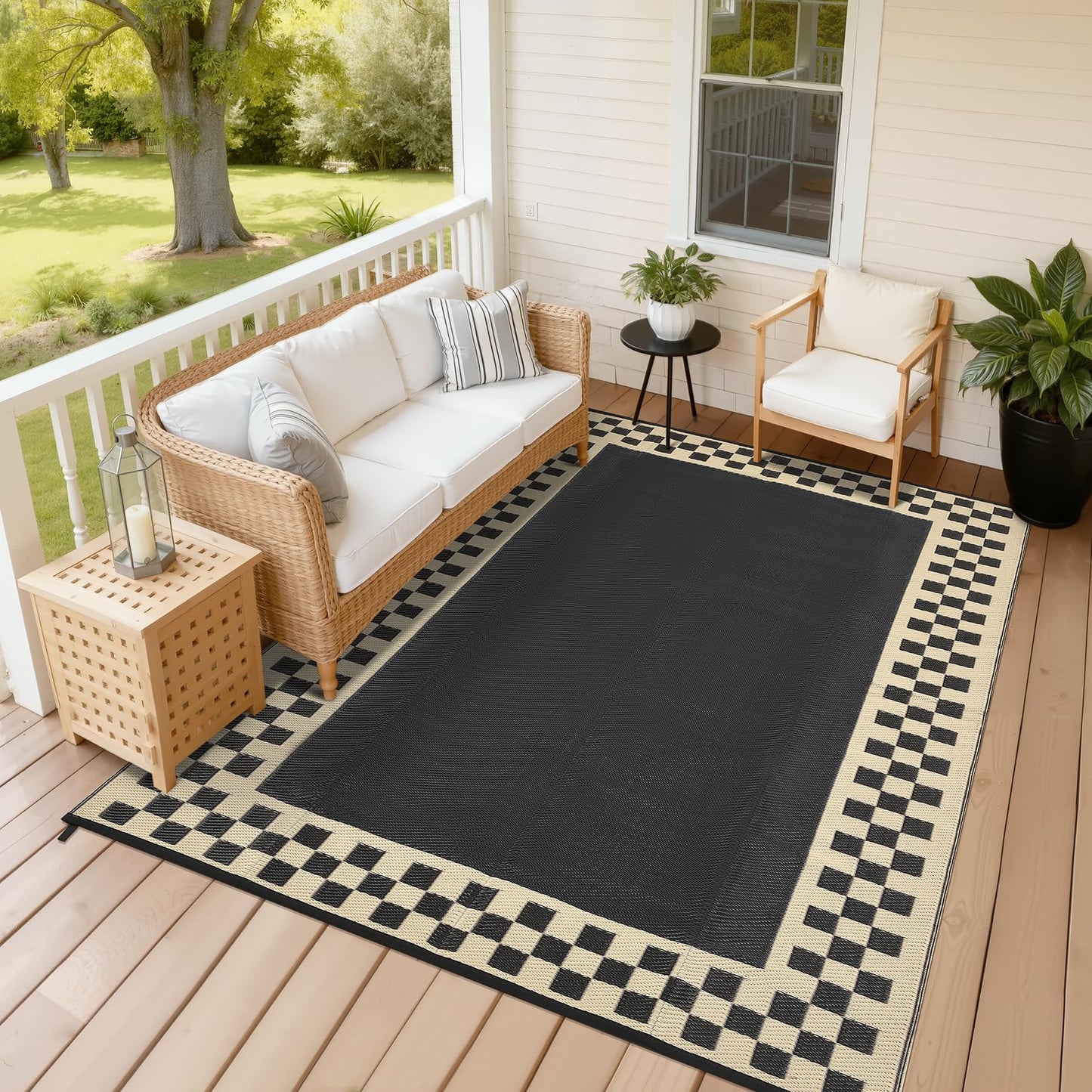 Checkered Outdoor Rug 8x10 Waterproof Modern Bordered Patio Rugs Plastic Straw Rug Large Indoor Outdoor Throw Carpets Reversible Mat for Picnic, Backyard, Rv, Beach, Deck, Camper, Balcony, Black