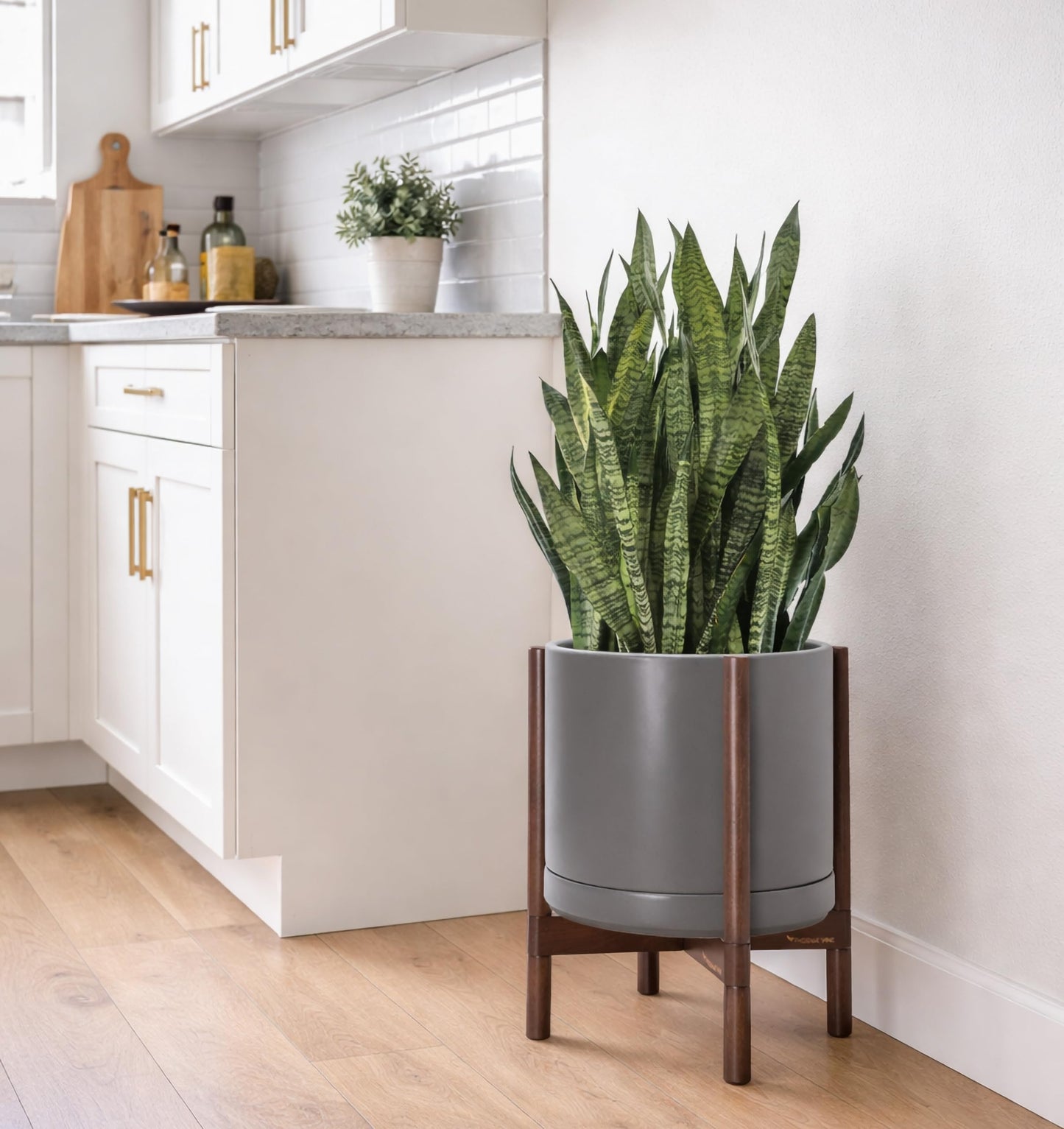 D'vine Dev Ceramic Planter with Walnut Color Stand - 14 Inch Modern Round Flower Pot with Wood Planter Holder, Grey, 55-B-T-3