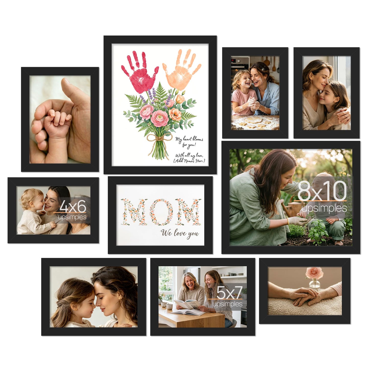 upsimples 10 Pack Picture Frames Collage Wall Decor for Mounting or Tabletop Display, Photo Gallery Frame Set for Family, Multi Sizes Including 8x10, 5x7, 4x6, Black