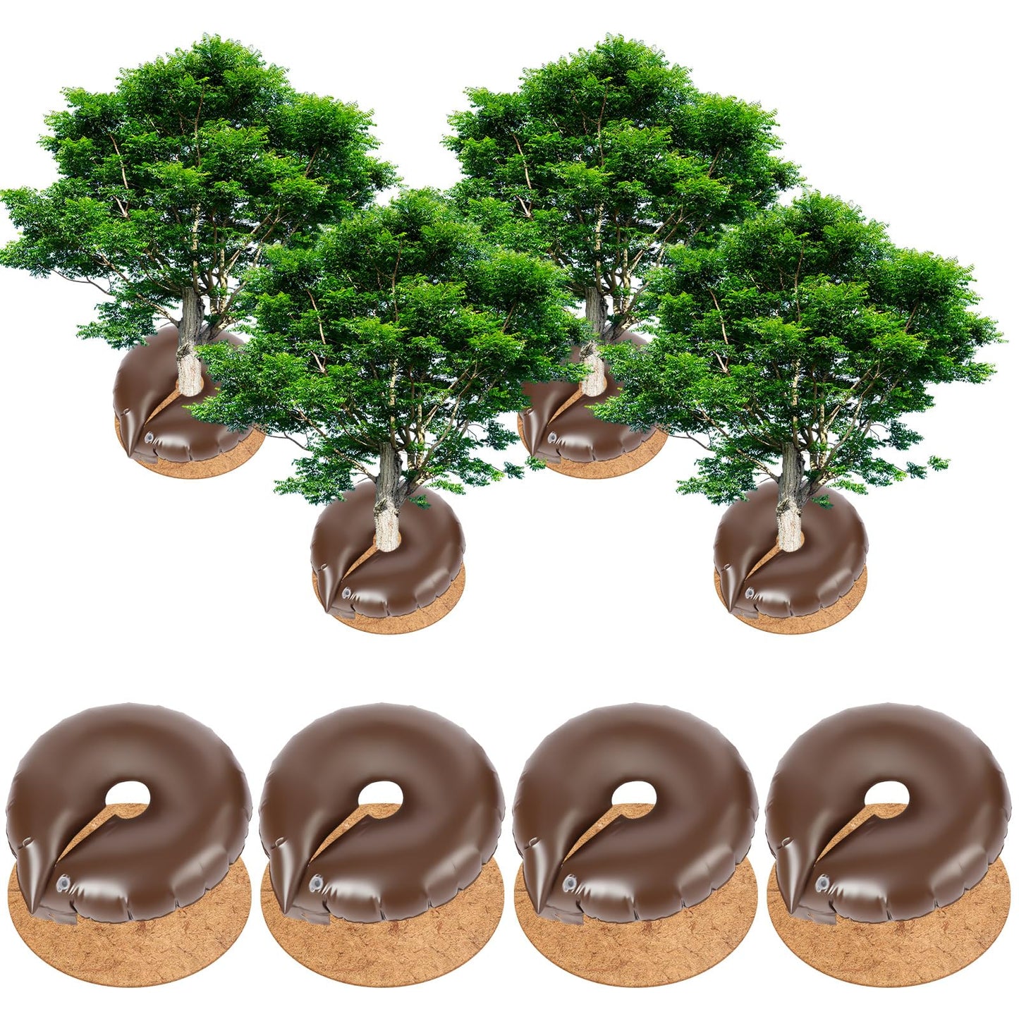 Sunnychicc 4 Set Tree Watering Ring 20gal Watering Bags with Coconut Fiber Mulch Ring – Deep Root and Slow Release Automatic Drip Irrigation System for New Trees, Multi-Trunk Trees and Shrubs