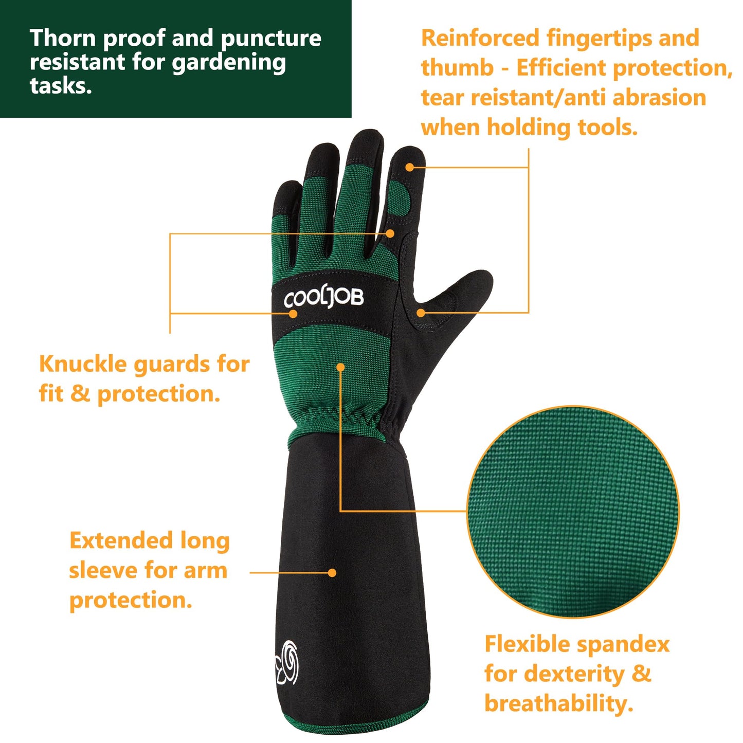 COOLJOB Thorn Proof Rose Pruning Garden Gloves for Men, Long Sleeve Padded Yard Work for Bush, Blackberry, Cactus, Heavy Duty/Puncture Resistant/Machine Washable, Xlarge, Green