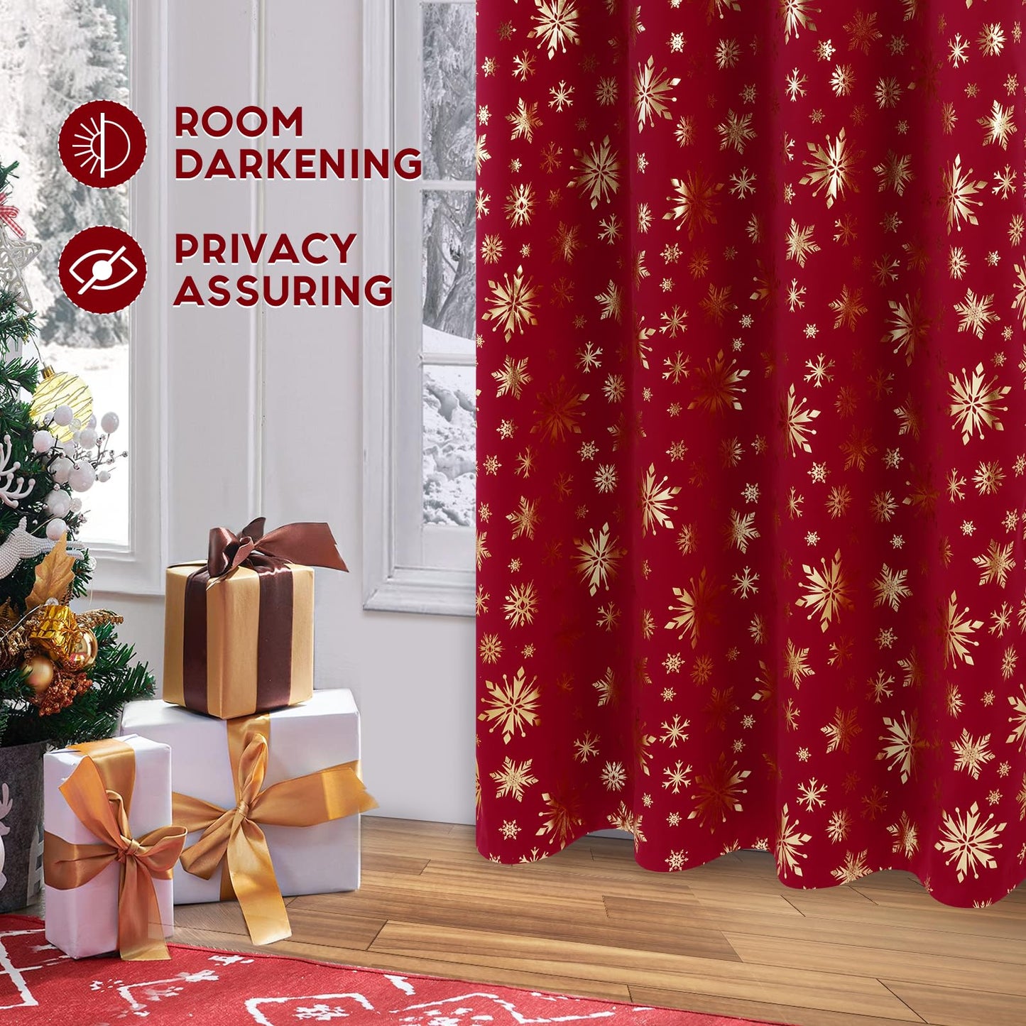 FRAMICS Christmas Curtains for Living Room and Bedroom - Gold Snowflake Foil Print, Blackout, Red, 84 Inch Length, 2 Panels Set, Grommet Window Curtains for Winter