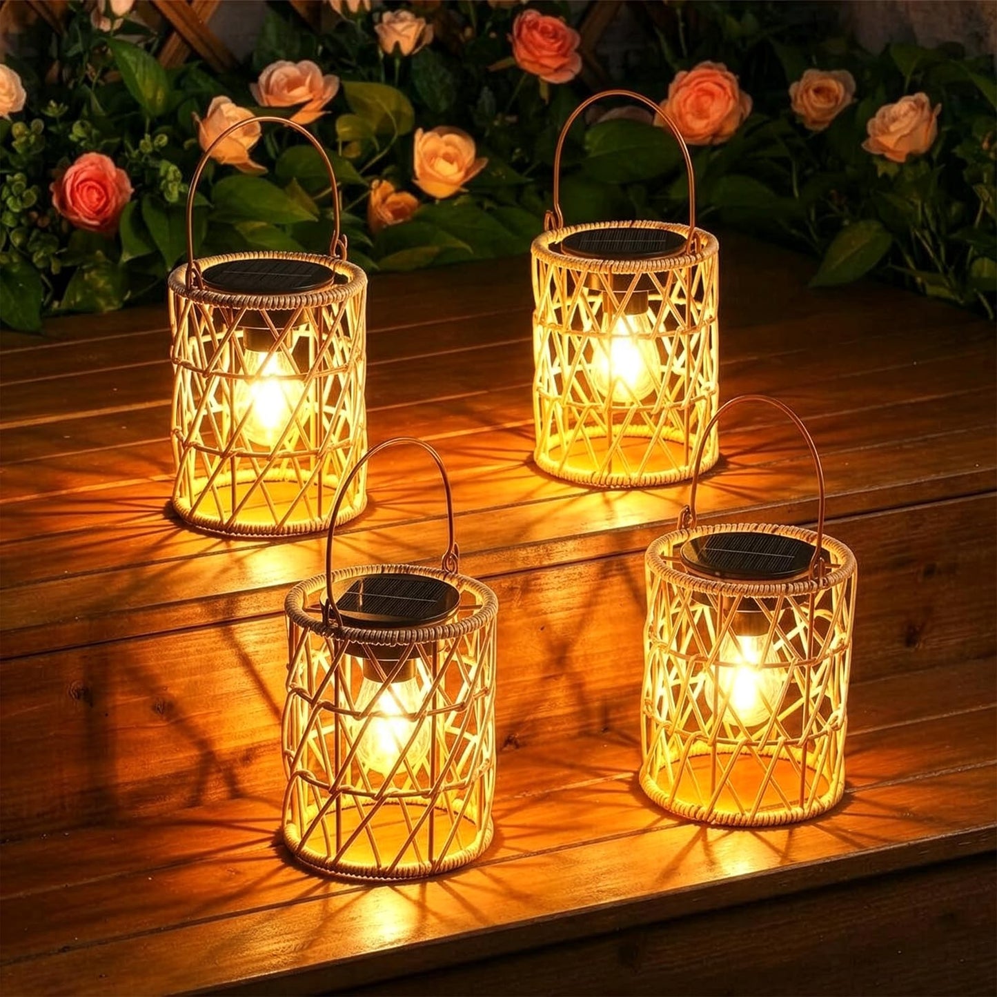 KOOPER Solar Lantern Outdoor Lights, 4 Pack Bright Hanging Solar Lanterns Outdoor Waterproof with Handle, Decoration Rattan Lanterns for Outside Hanging Garden Patio Yard Porch Trees Lawn Pathway Gift