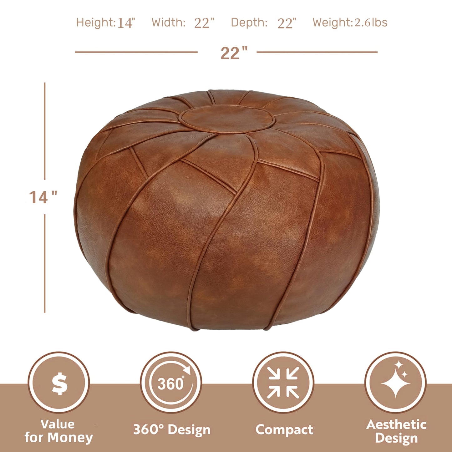 Thgonwid Round Unstuffed Pouf Cover, Leather Foot Stool Ottoman with Storage, Bean Bag Floor Chair, Multi Functional Footrest for Living Room, Bedroom or Balcony (Brown)