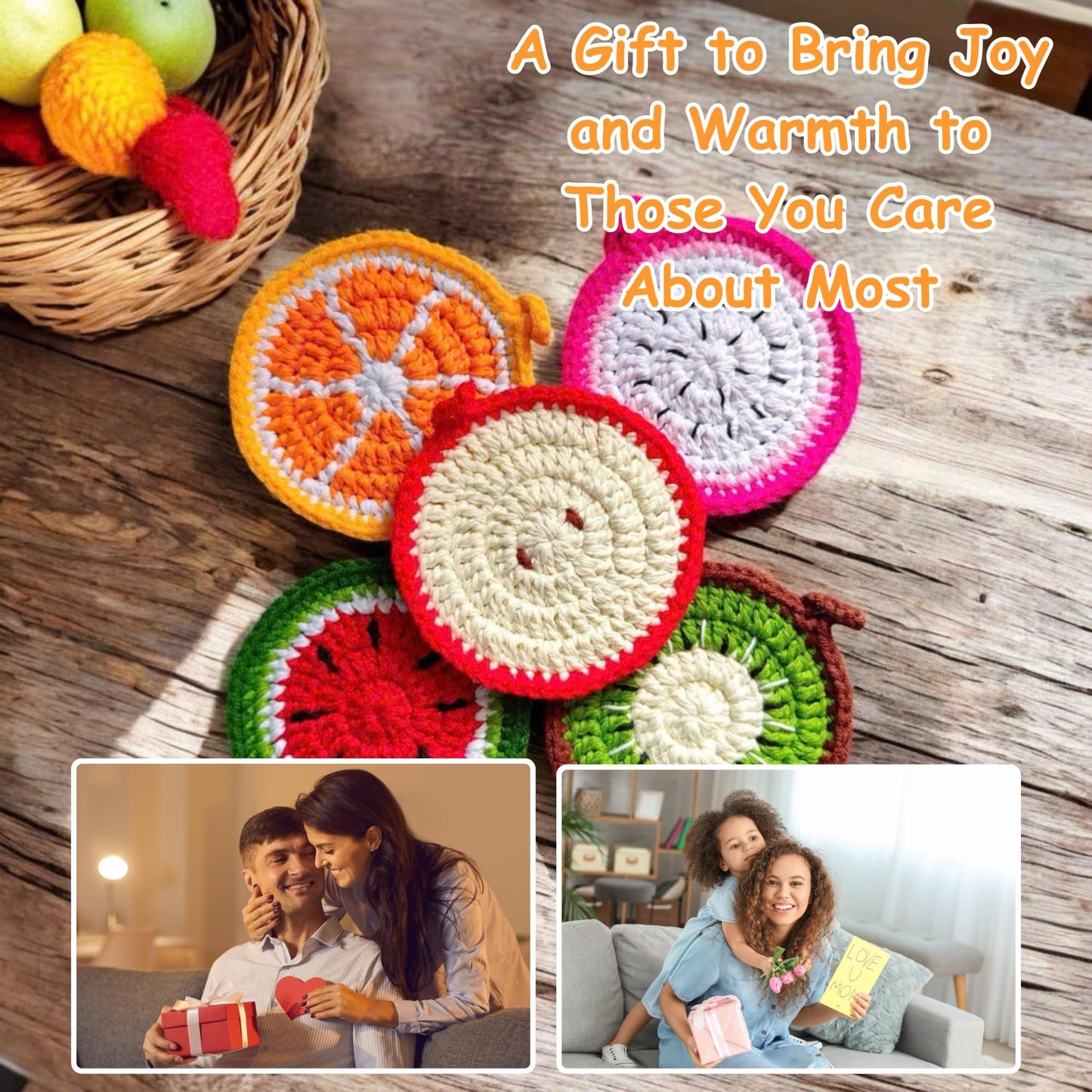 Handmade Yarn Coasters with Storage Basket, 5-Pack Soft Crochet Drink Coasters, Washable Durable Cup Coasters, for Mom, Coffee Lovers (Fruit)