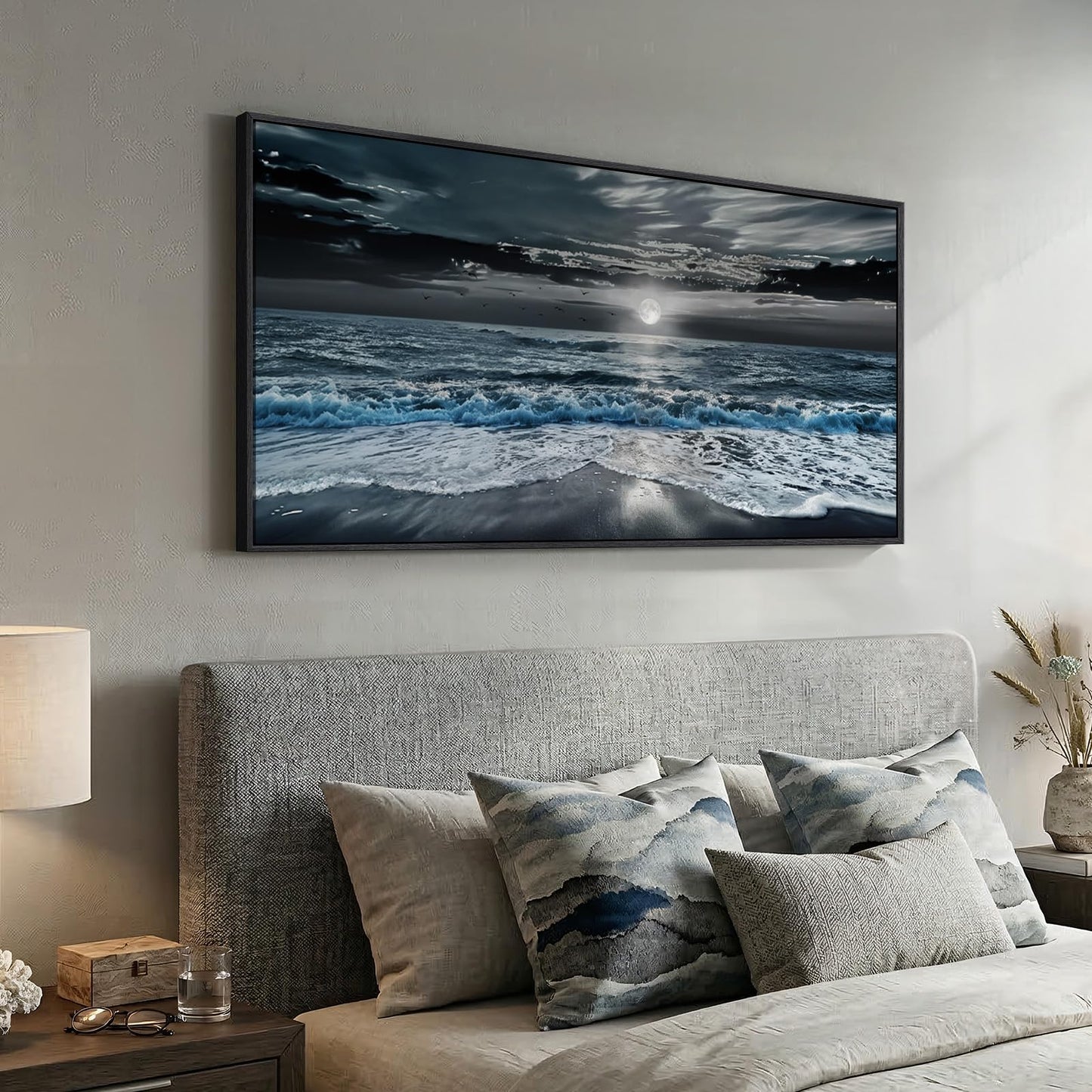 Framed Moonlight Coastal Wall Art for Living Room, Horizontal Blue and Black Beach Ocean Seascape Artwork for Walls, Large Canvas Picture Print for Bedroom Dining Room Office Wall Decor, 24x48 Inch