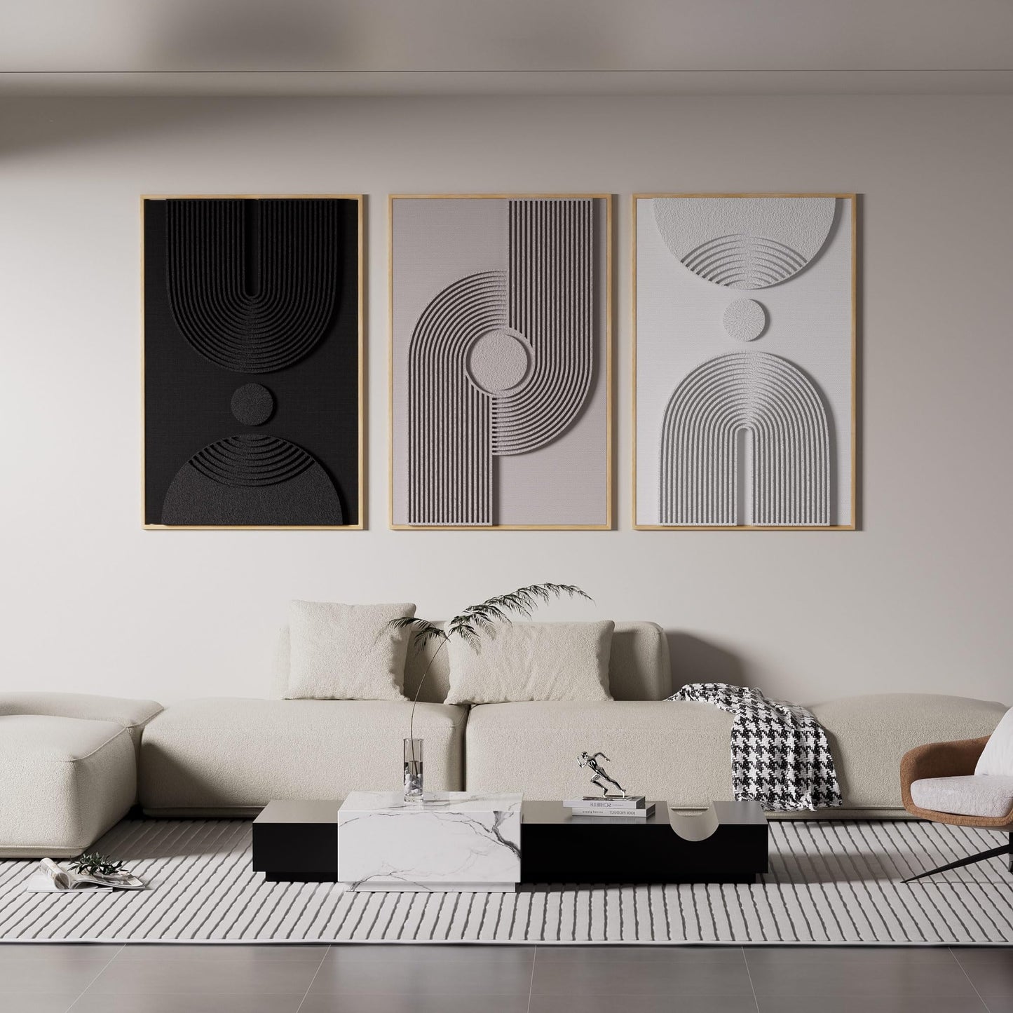 Framed 3D Textured Boho Neutral Abstract Wall Art for Living Room, 3 Piece Mid Century Modern Artwork for Walls, Creamy White Brown Relief Sculptures for Bedroom Hallway Wall Decor 20x30 In