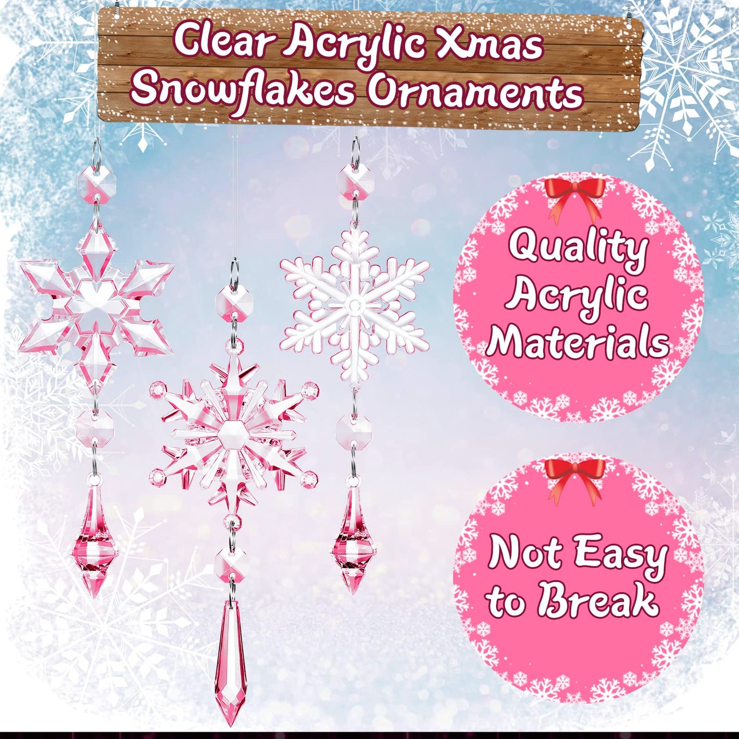 Boao Light Pink 15 Pcs Crystal Snowflake Ornaments for Winter Acrylic Snowflake Decorations Wonderland for Party Favor Celebration