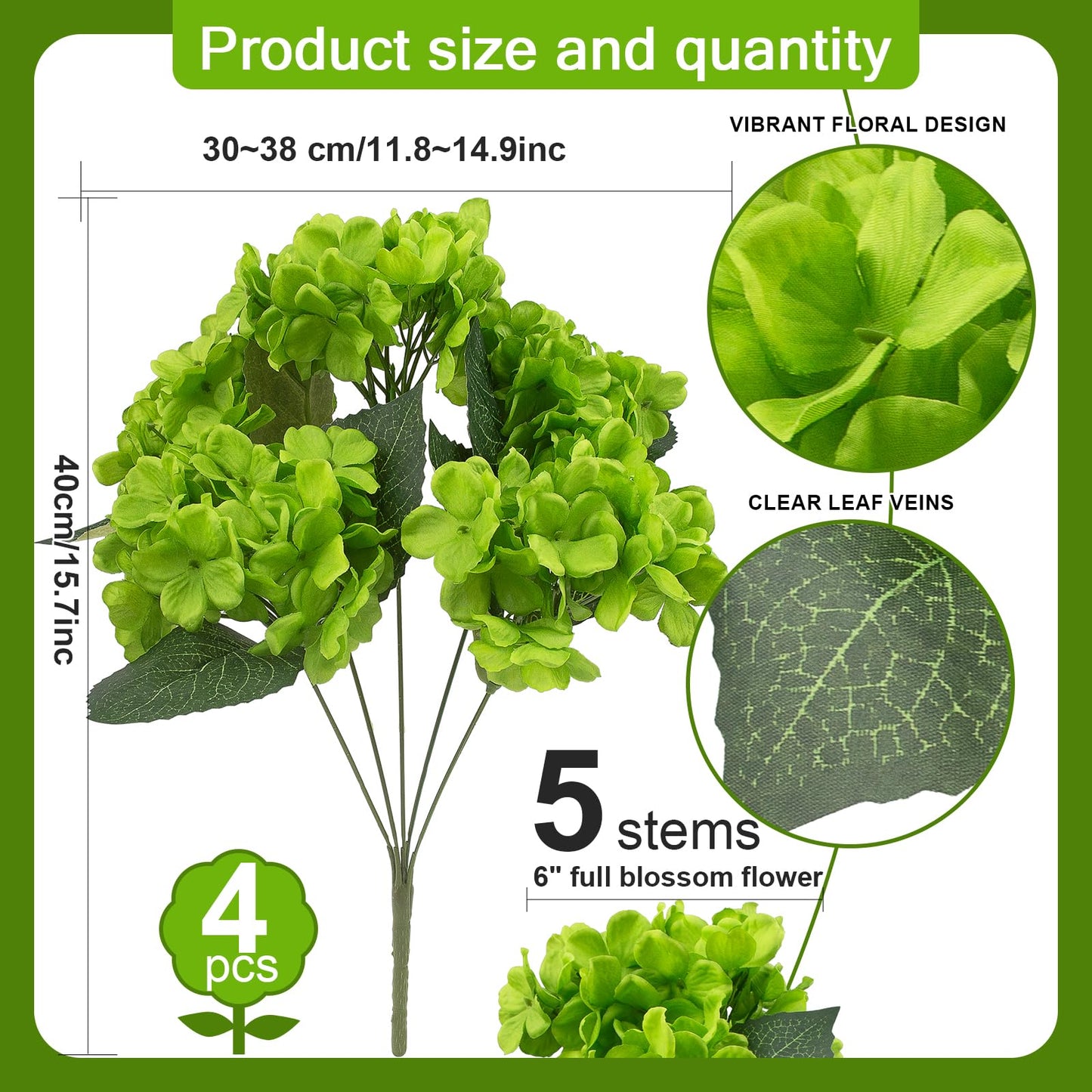 4 Pcs Hydrangea Artificial Flowers Outdoor Silk Bouquets, UV Resistant Green Faux Hydrangeas Flowers for Table Vase Centerpieces Outside Party Wedding St Patrick's Day Home Outdoor Decor (4, Green)