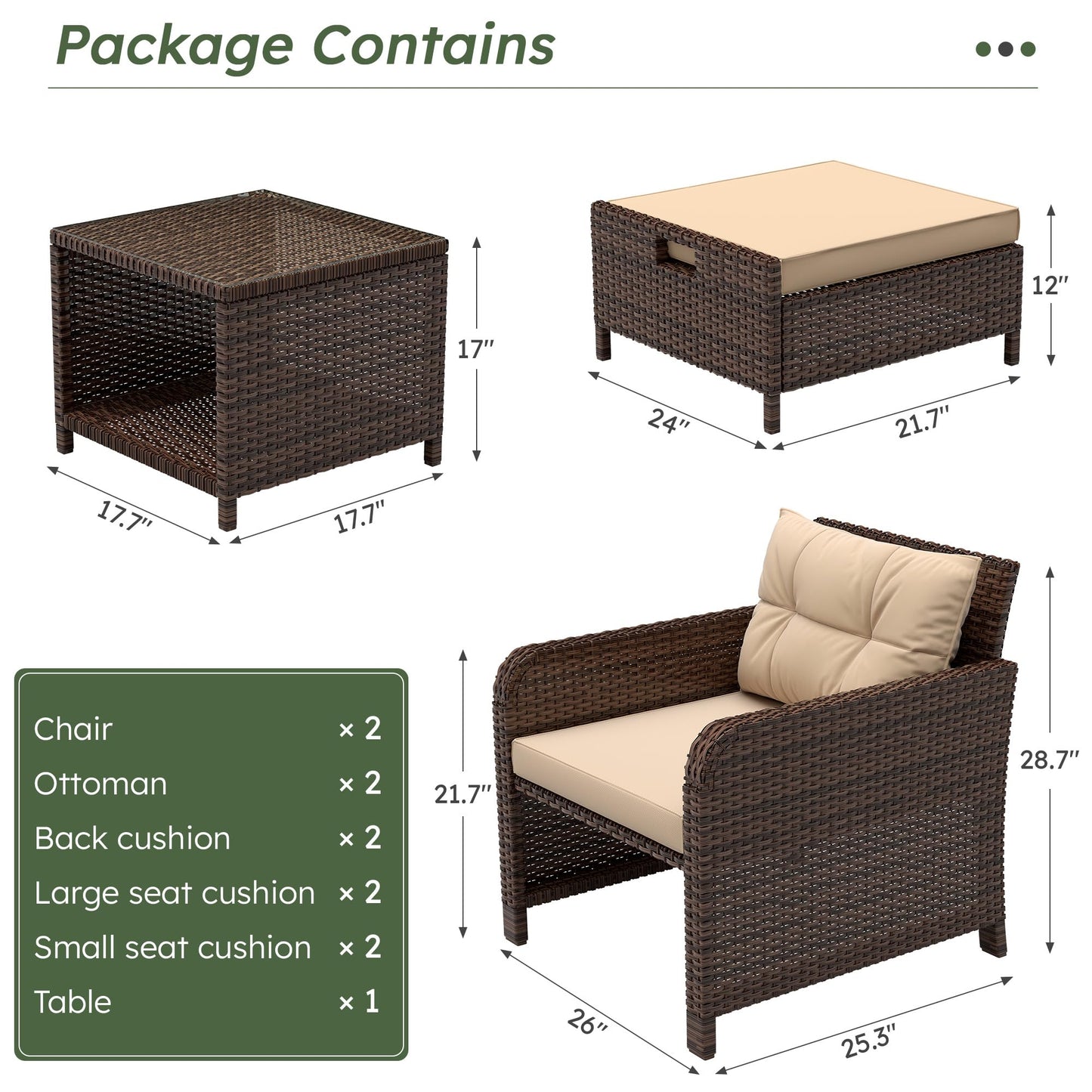LHBcraft Outdoor Furniture 5 Piece Patio Conversation Set, PE Rattan Patio Set with Soft Cushions & Coffee Table, Outside Furniture with Hidden Ottoman for Porch, Lawn, Garden, Balcony, Brown