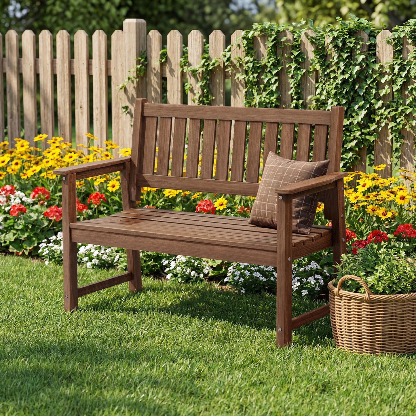 ACUEL Outdoor Bench, 2-Person Garden Bench, Poly Lumber Patio Bench for Outdoors, Porch, and Park (Brown)