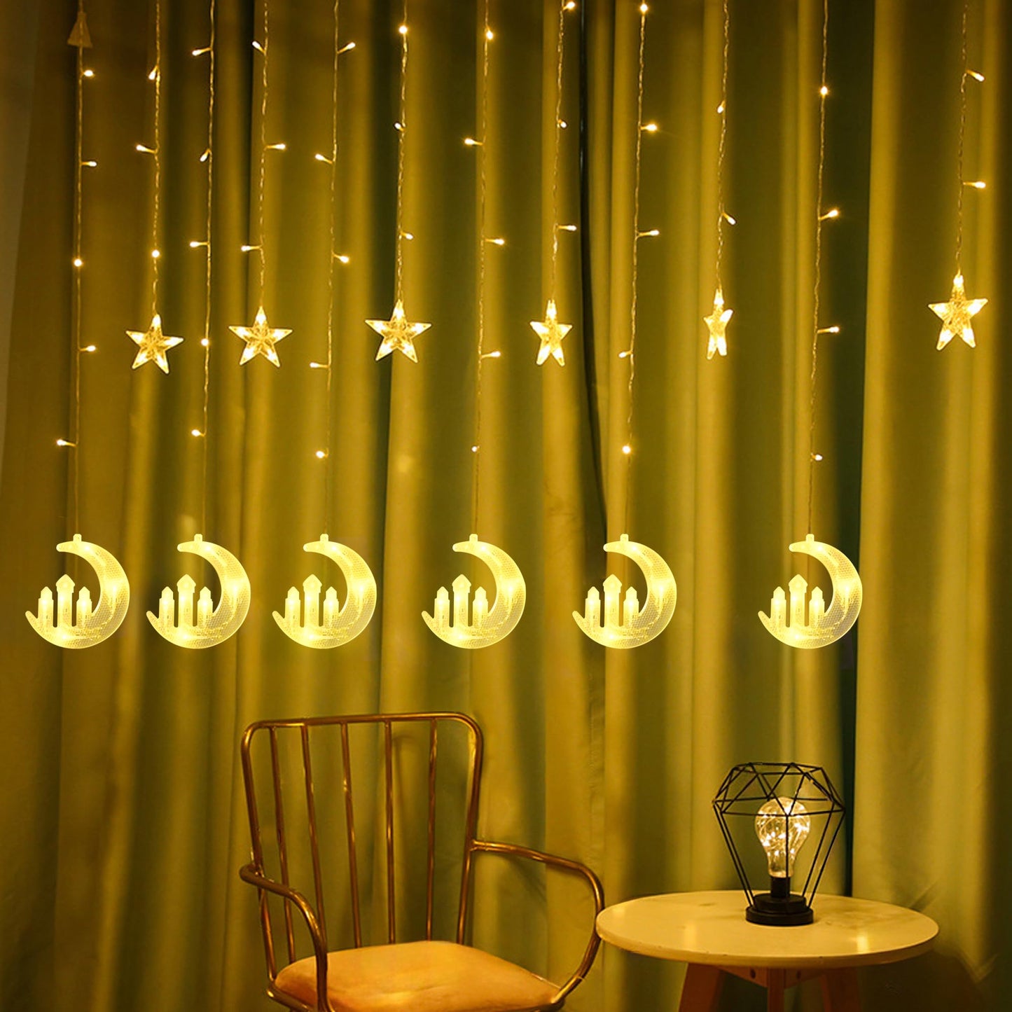 Dazzle Bright Moon Star and Fairy Tale Castle String Lights, 138 LED Muslim Curtain Fairy String Lights, 8 Lighting Modes for Home Holiday Ramadan Christmas Wedding Party Xmas Eid Decorations(USB)