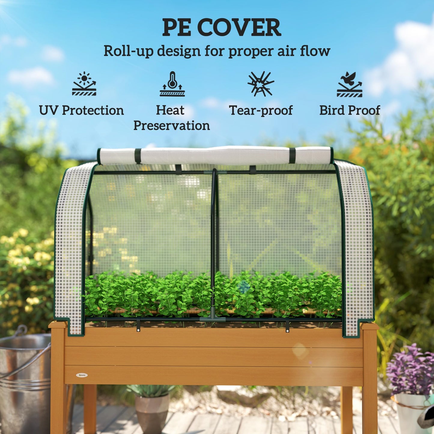 Outsunny Raised Garden Bed with PE Greenhouse Cover Outdoor Elevated Wood Planter Box for Herbs and Vegetables, Use for Patio, Backyard, Balcony, 48 x 22 x 46 inch, Sand