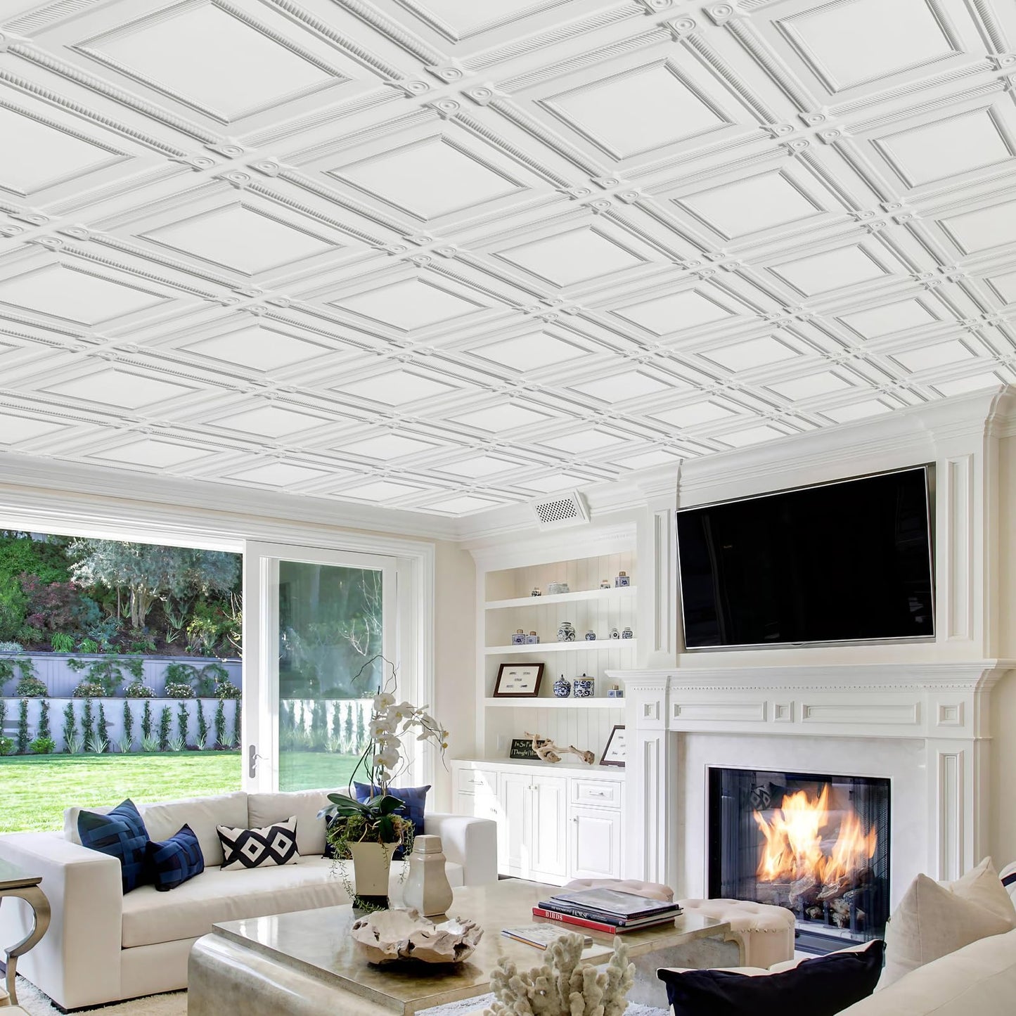 LEVOWAY 12-Pack PVC Drop Ceiling Tiles, 24 x 24in White 2'x2' Glue Up Ceiling Panel Cover 48 Sq.Ft