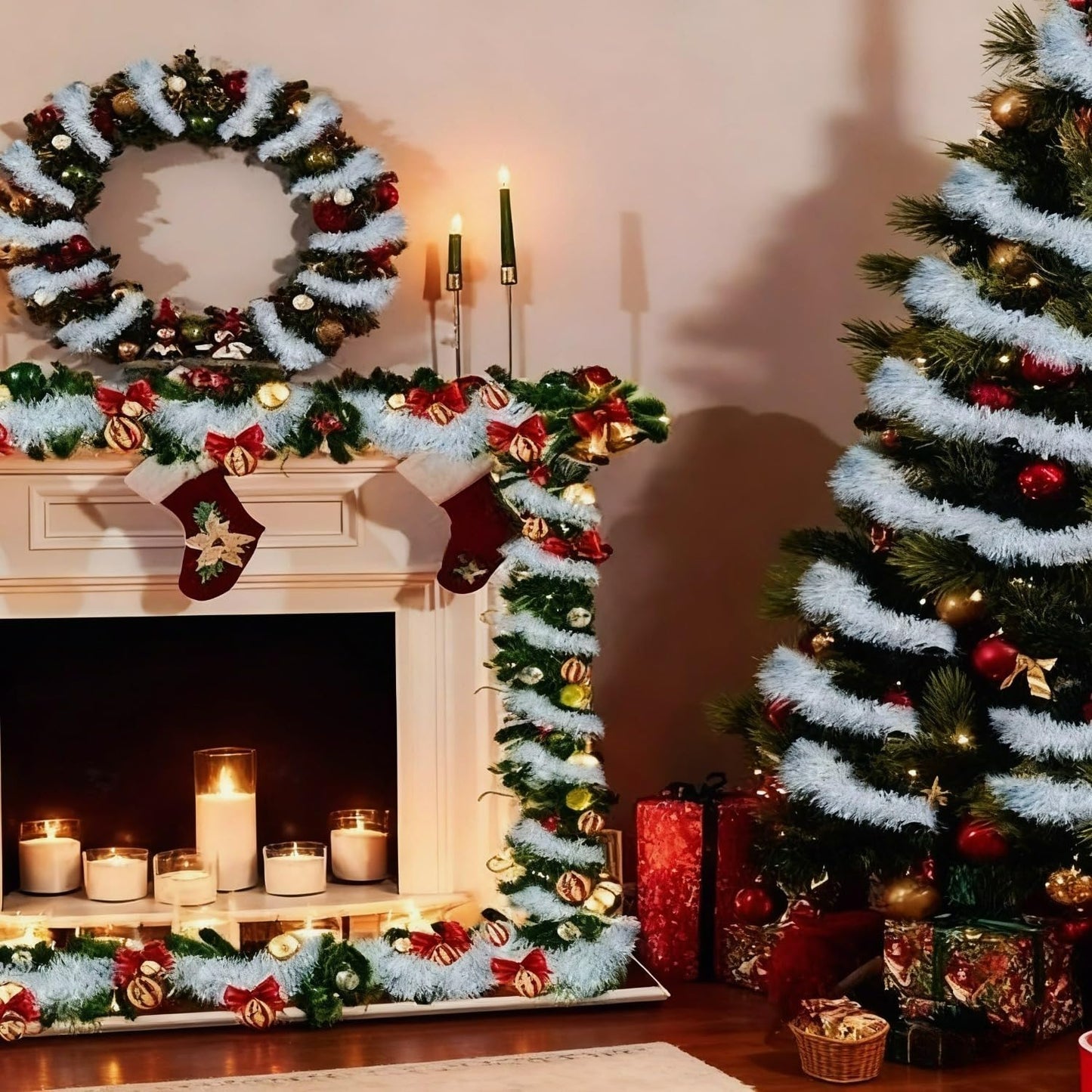 1Pc White lridescent Garland, Metallic Hanging Garland for Christmas Tree Wedding Anniversary Date, Perfect for Indoor Fireplace Home Decoration