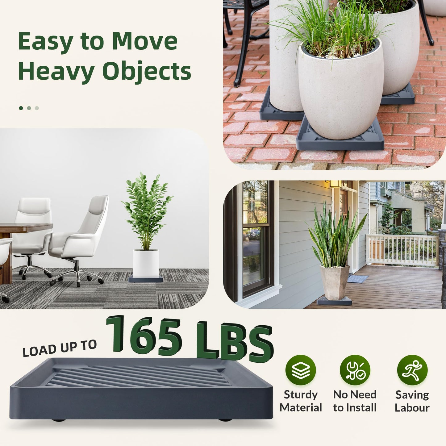 REDHUGO 2PCS Square Plant Caddy with Hidden Wheels, Heavy Duty Rolling Plant Stand Caddy with Wheels, Pot Base for Indoor Outdoor, Gray, 9.96 inches