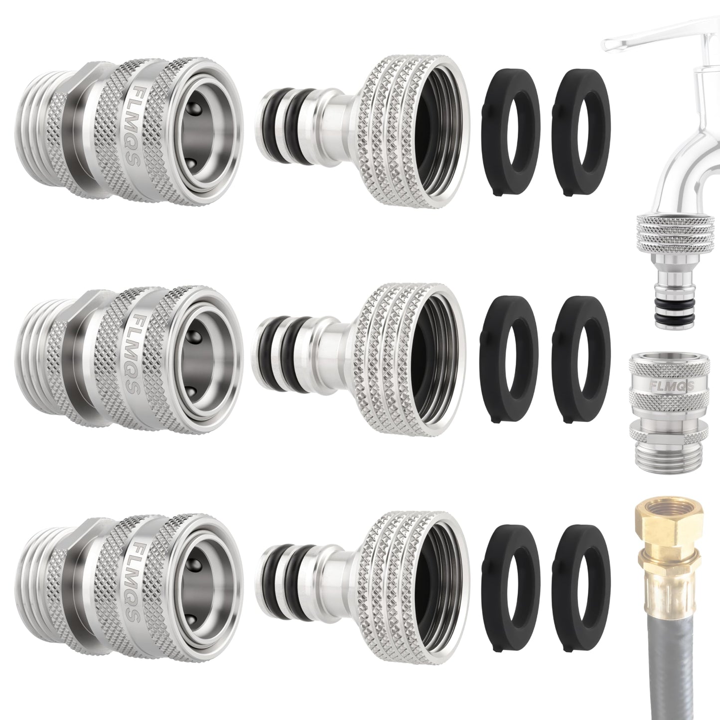 FLMQS Garden Hose Quick Connector - 3/4" GHT Solid Stainless Steel Water Hose Quick Connect, Leak-Proof Male & Female Fittings(3 Set)