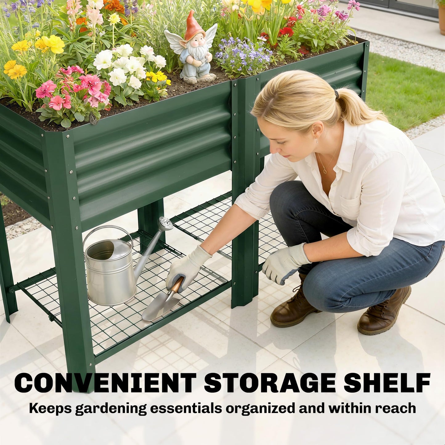 Outsunny Galvanized Steel Raised Garden Bed with Storage Shelf and Bed Liner, Elevated Planter Box with Legs for Flowers, Vegetables, and Herbs, for Outdoor Patio Yard, Glove Included, Green