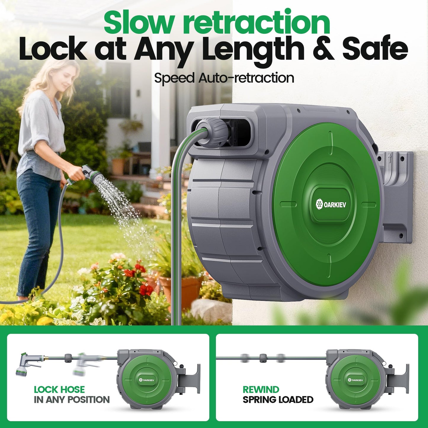 OARKIEV Garden Retractable Hose Reel, 1/2 Inch x 120 ft Wall Mounted Garden Hose Reel with Any Length Lock, Upgraded Slow Return System and 180°Swivel Bracket