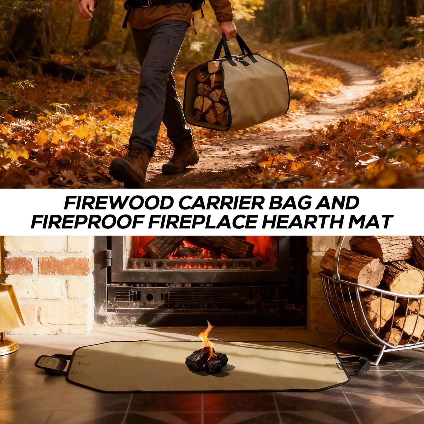 PAWBOSE Fireproof Fireplace Mat Hearth Rug and Firewood Carrier Firewood Bag, Great Gift for Cabin, Large Fire Wood Sling Carrier with Handles, Protect Floors Carpets from Sparks Embers-Tan