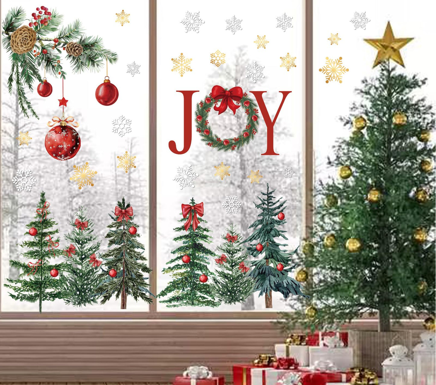6 Sheets Christmas Window Clings Red Xmas Ball Tree Branch Snow Reusable Glass Decals for Winter Holiday Party Home Glass Window Decor