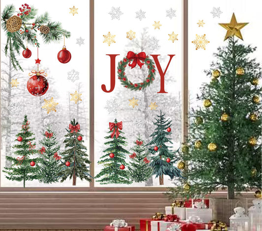 6 Sheets Christmas Window Clings Red Xmas Ball Tree Branch Snow Reusable Glass Decals for Winter Holiday Party Home Glass Window Decor