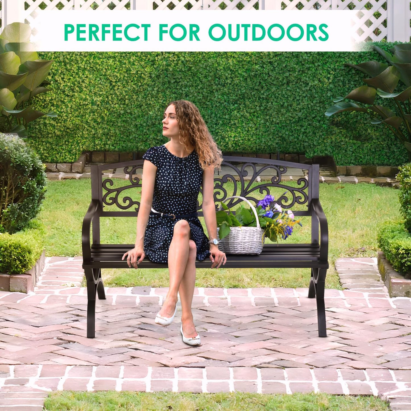 FDW Outdoor 50 Inches Garden Bench, Slatted Seat Armrests Floral Design Backres and Arch Legs, Perfect for Park, Yard, Porch, Lawn, Balcony, Backyard, Black