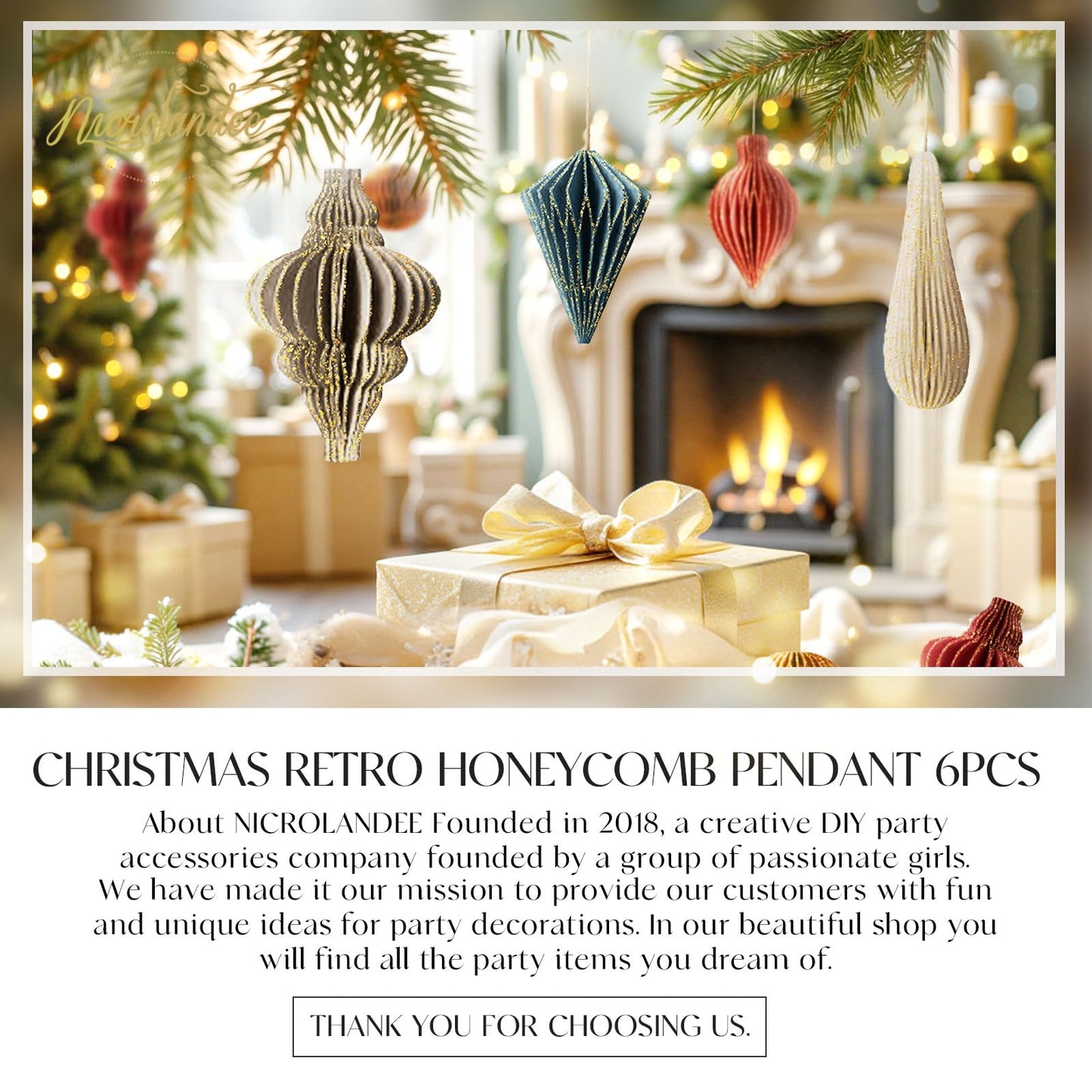 NICROLANDEE Christmas Decorations, 6 PCS Christmas Paper Honeycomb Ornaments with Glitter Edge, Mini Hanging Paper Lanterns for Christmas Tree Decoration Xmas Holiday Party New Year Decor