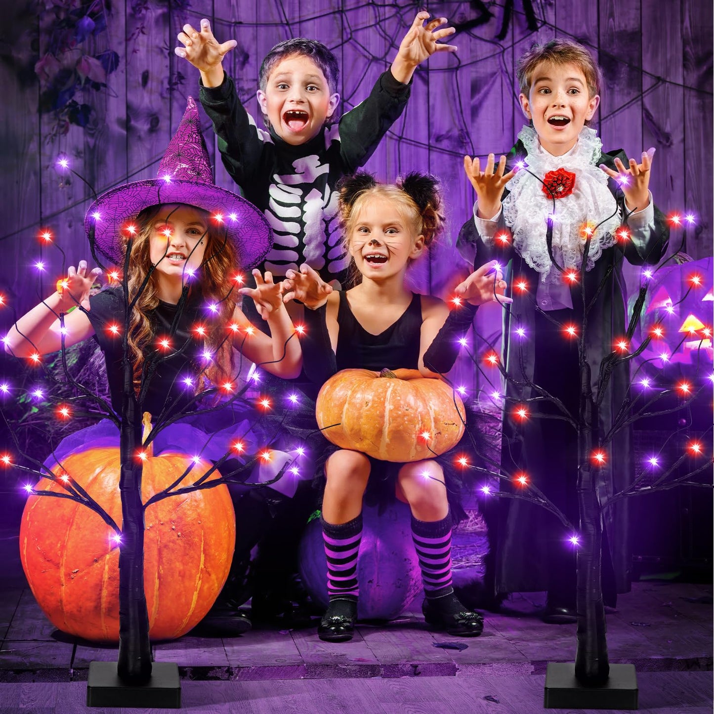 Ganeen 2 Pcs Halloween Decorations Indoor 24 Inch/2 ft Lighted Orange and Purple Birches Tree with Timer 48 LED Lights Willow Battery Operated Artificial Black Tabletop Spooky Tree for Home and Party