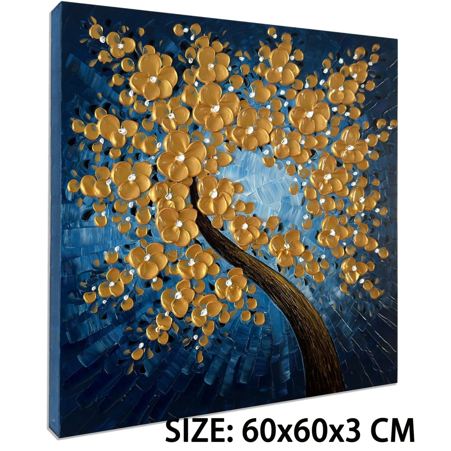 zoinart Hand Paintings 3D Flower Canvas Wall Art 24x24 Inches Abstract Gold Floral Paintings Modern Contemporary Texture Wall Art Tree Blue Artwork for Home Decorations
