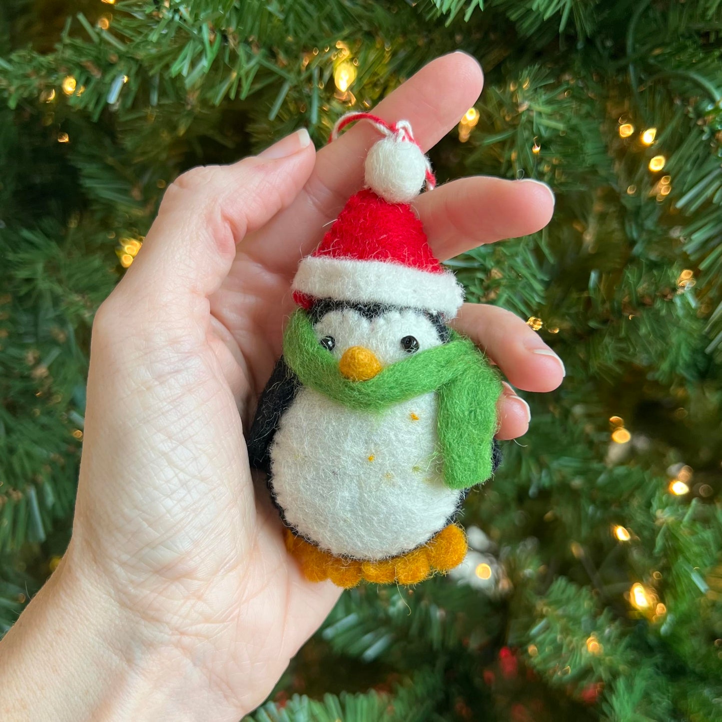 Penguin with Red Hat Christmas Ornament Handmade Felt Wool