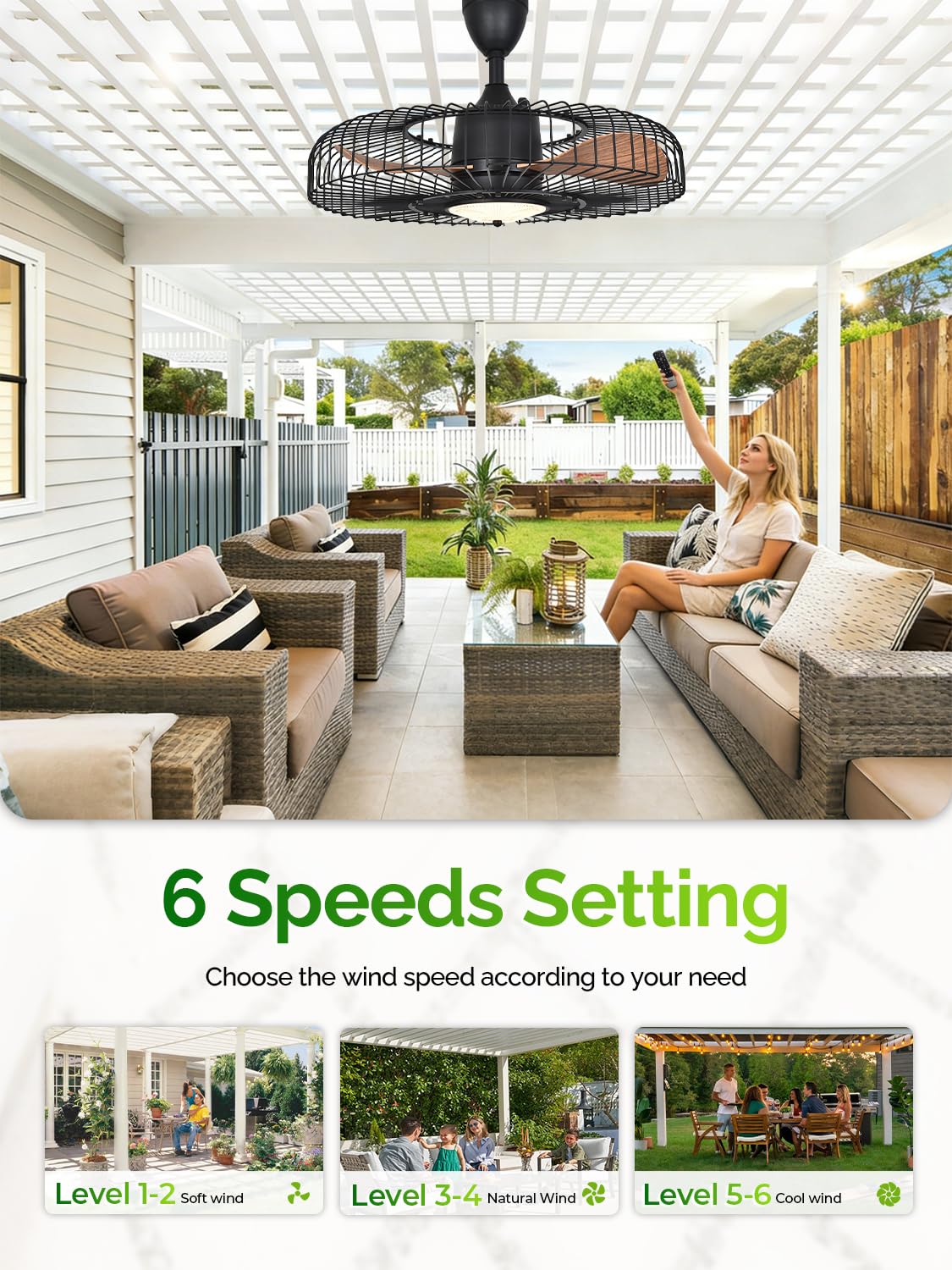 Orison Outdoor Ceiling Fans with Lights for Patio, 24" Weatherproof Ceiling Fan, Gazebo Fan Remote & APP Control, 3CCT Dimmable,Caged Plug in Ceiling Fan with Hanging Hook for Pergola Porch Canopy