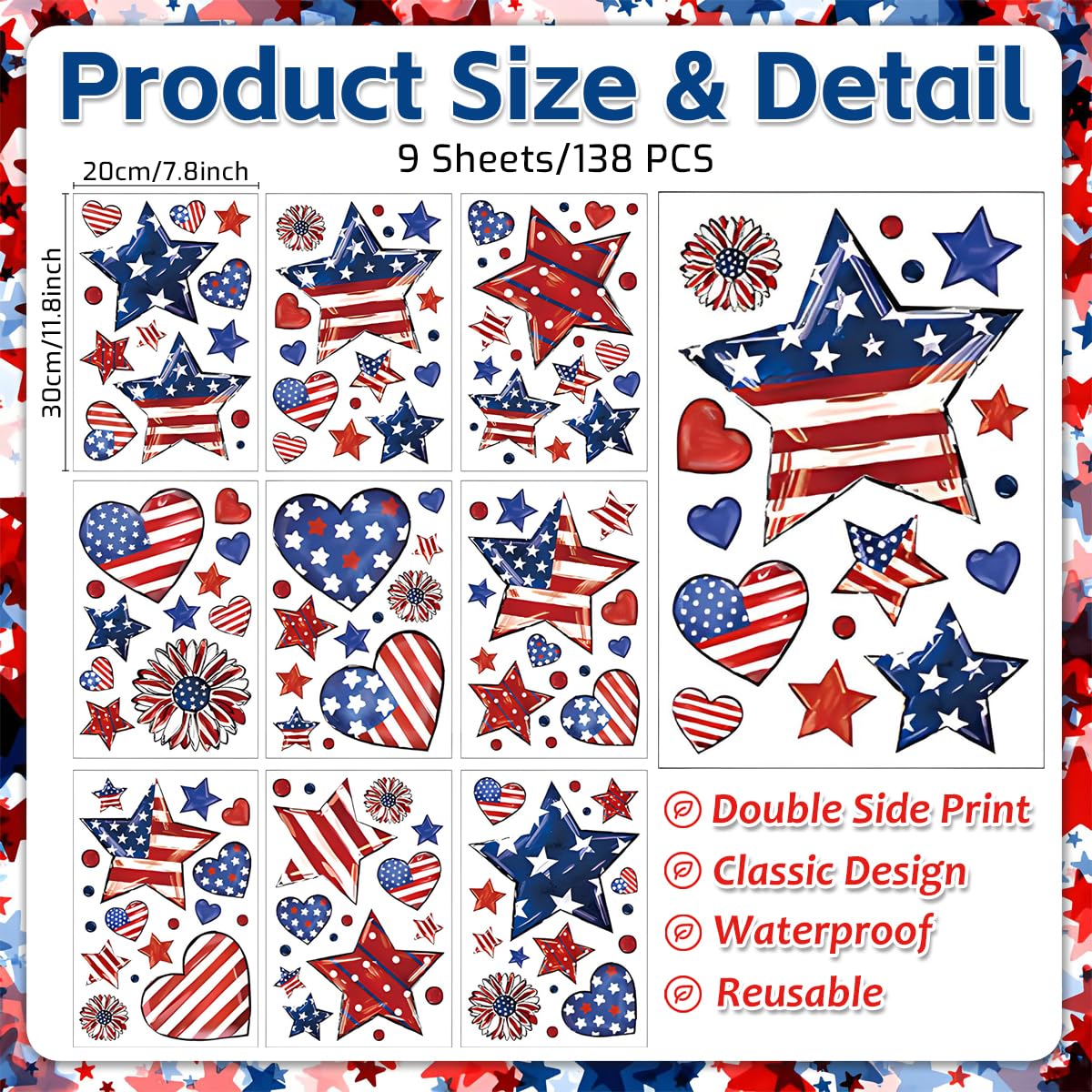 9 Sheets 4th of July Window Clings Decorations, 138PCS Patriotic Window Stickers Double-Sided Window Decals, Red White Blue Star Heart, USA Independence Day Memorial Day Decor for Home Office Glass