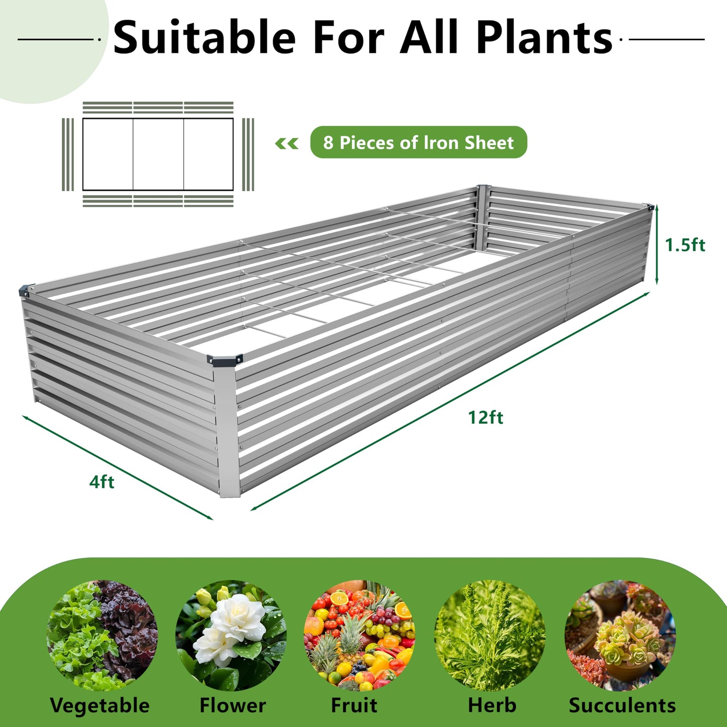 MGNO 12x4x1.5FT Galvanized Raised Garden Bed-Outdoor Planter Box for Vegetables-Metal Garden Bed,RRectangle Planting Box for Herb,Flower