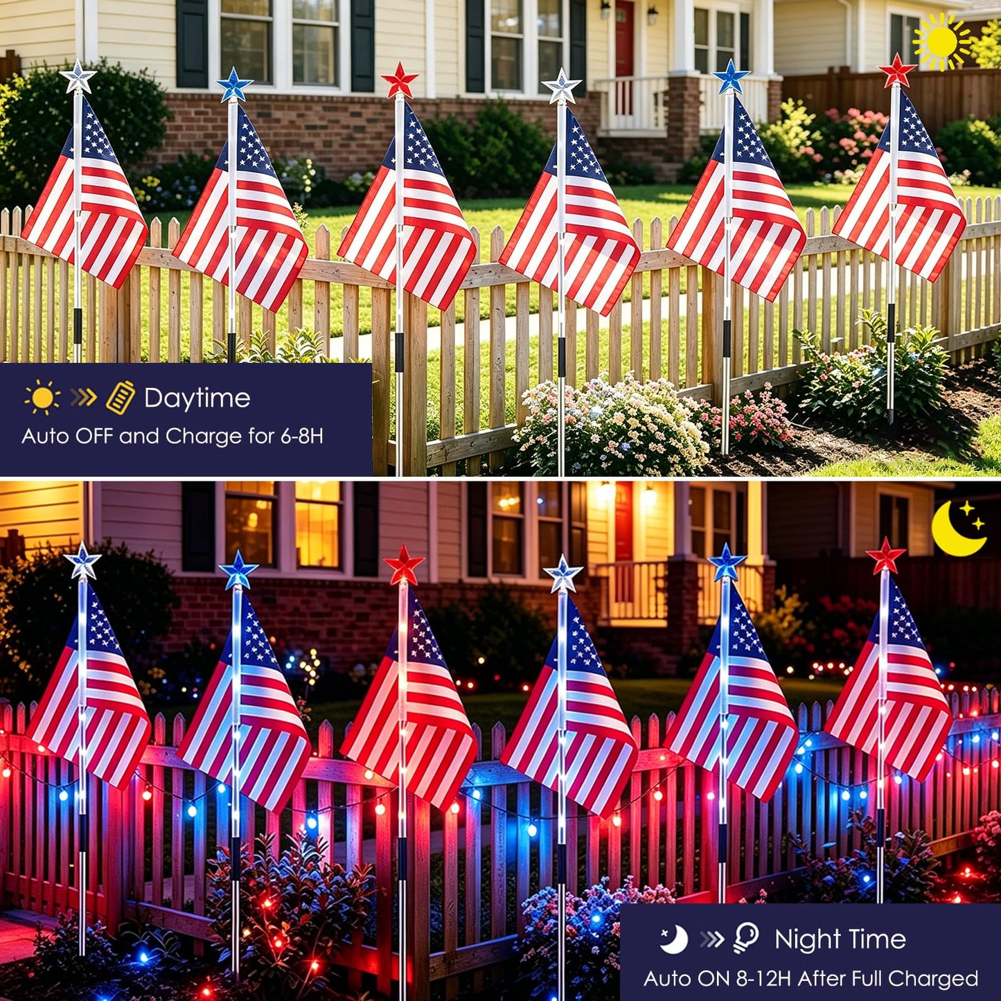 American Flag for Outside 4th of July Decorations, 9-Pack Solar Red White Blue Lights for Garden Yard Pathway, Waterproof Patriotic Decorations for 250th Anniversary, Memorial Day, Independence Day