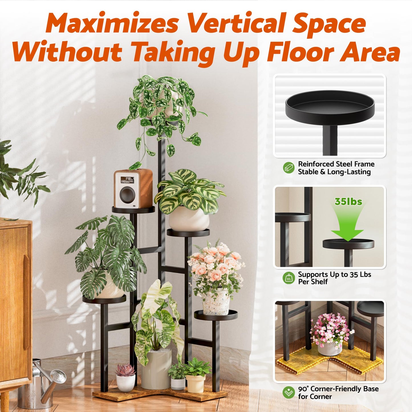 NQW 5 Tiered Plant Stand Indoor with 7.1 Inch Wide Tray, Corner Metal Plant Stand Outdoor Tall Flower Holder Stand, Tall Rack for Display Shelf for Patio Porch Office LivingRoom - BlackDisk