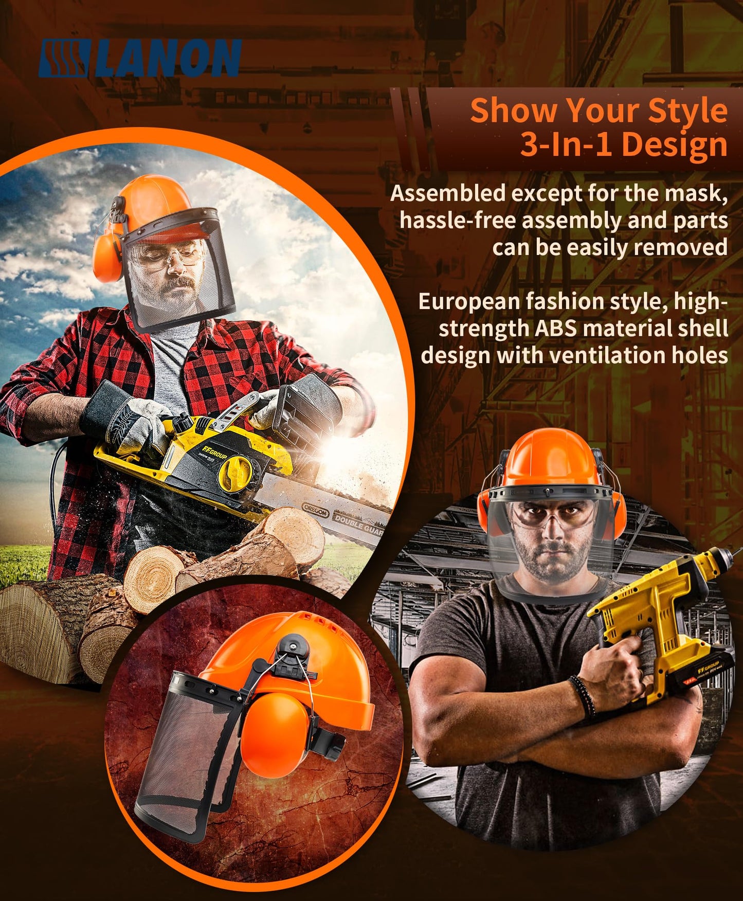LANON Industrial Forestry Safety Helmet Protection System, ANSI Approved Chainsaw Hard Hats with Adjustable Ear Muffs & Face Shield Visor, 6 Point Adjustable Ratchet Suspension, Class C, Orange
