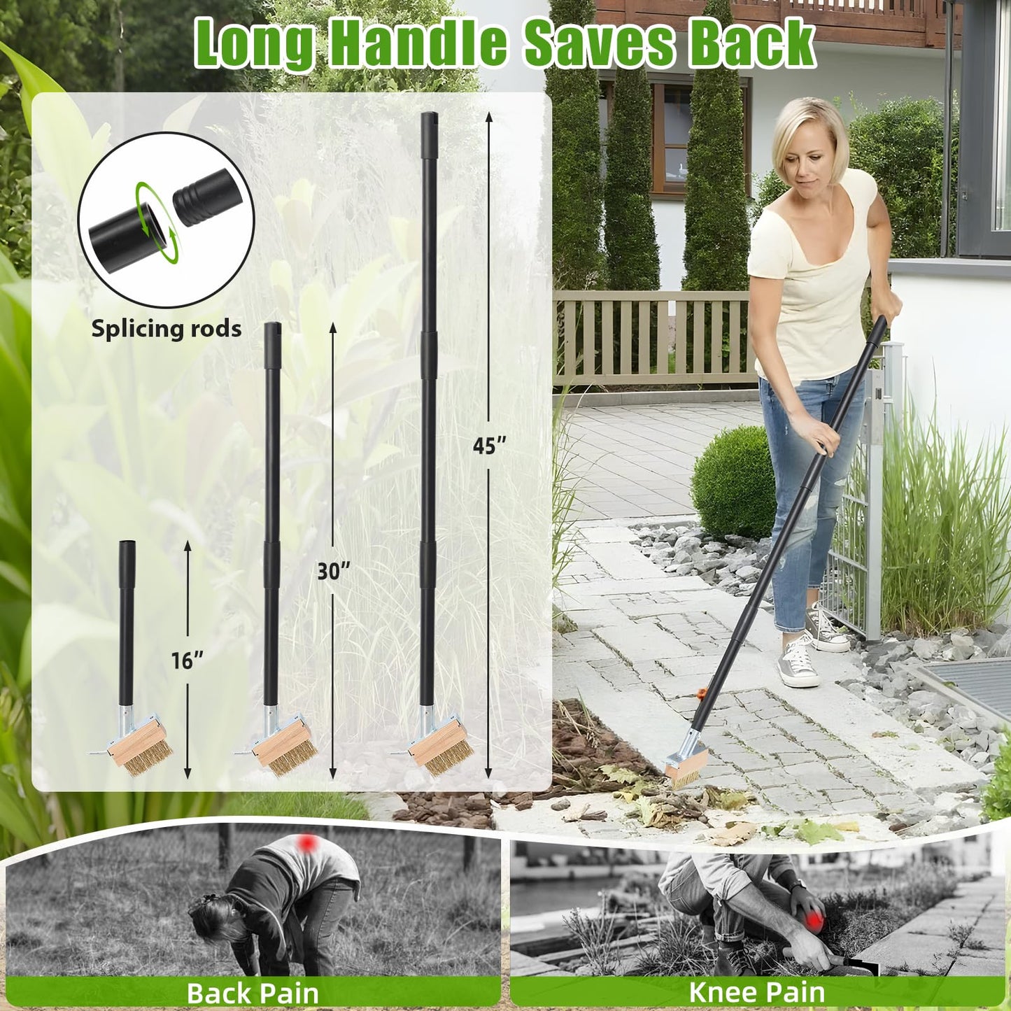 DEROFIT Crack Weeder Moss Remover Brush with 45 inch Handle,Manual Crevice Weeding Tool Stand Weed Puller Grout Brush for Deck,Patio,Sidewalk, Walkway,Driveway, Paving,Crevice Cleaning Tool