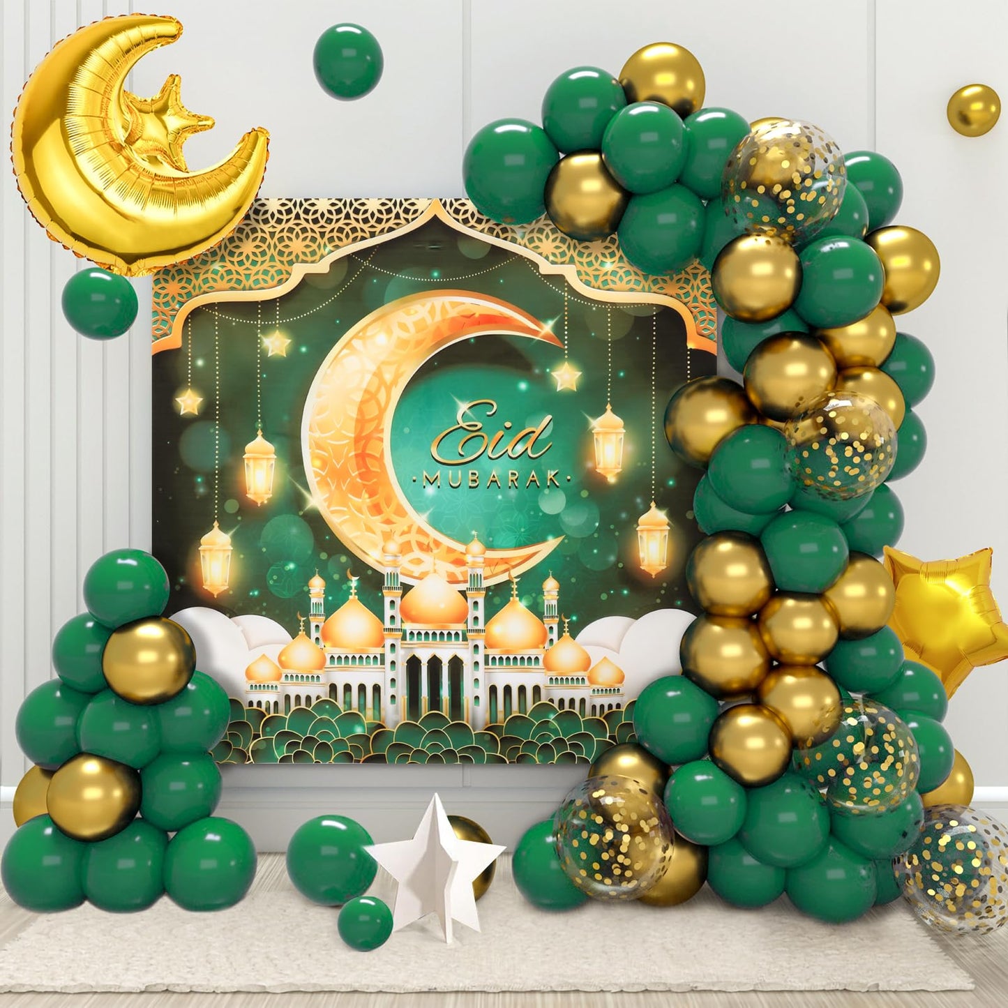 Eid Mubarak Decorations for Home - 74pcs Ramadan Decorations with Green Gold Star Moon Ramadan Balloons and Eid Mubarak Banner for Ramadan Decor