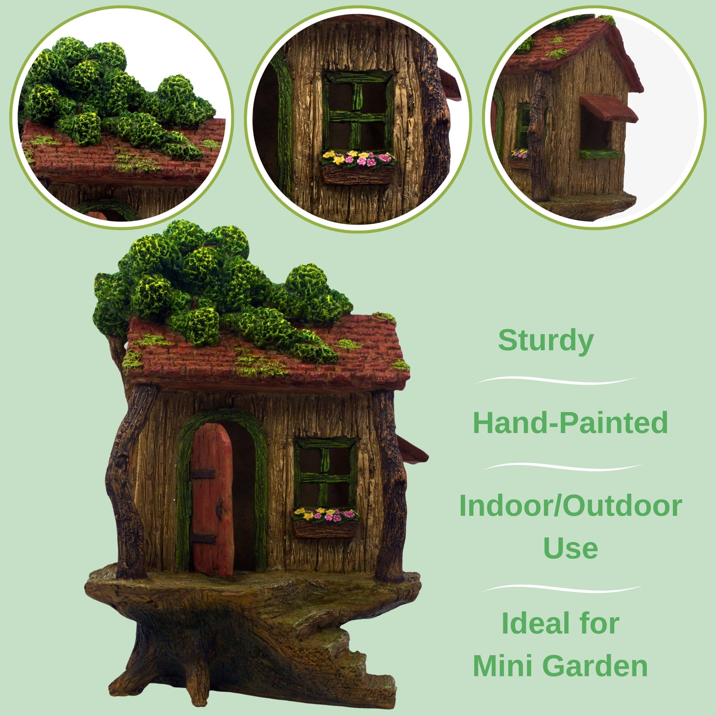 PRETMANNS Fairy Garden House – Fairy House for Outside – 9” High Treehouse with Door that Opens – Sturdy Fairy Garden Building – Lovely Miniature Garden Accessories Supplies
