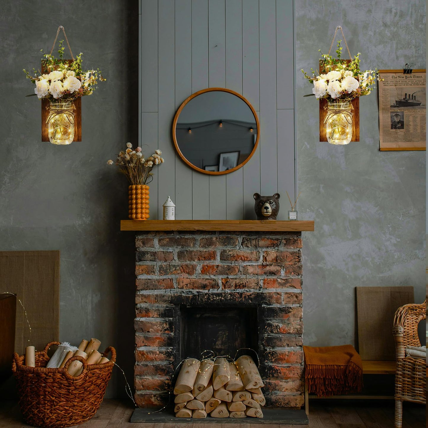 Lightess Wall Decor Mason Jar Sconces with Remote Control, Rustic Home Decor LED Fairy Lights with White Rose, Farmhouse Wall Decorations Lights Set of Two for Dining Room Living Room